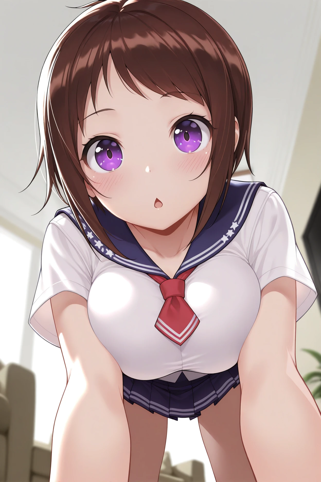 masterpiece, best quality, 1girl, solo,  <lora:wakanaui-illu-nvwls-v1:1> w4kanaui, brown hair, short hair, purple eyes, white shirt, blue sailor collar, short sleeves, red neckerchief, blue miniskirt, pleated skirt, large breasts, breasts squeezed together, elbows, hands up, looking at viewer, chestnut mouth, blush, looking at viewer, from below, all fours, living room, couch