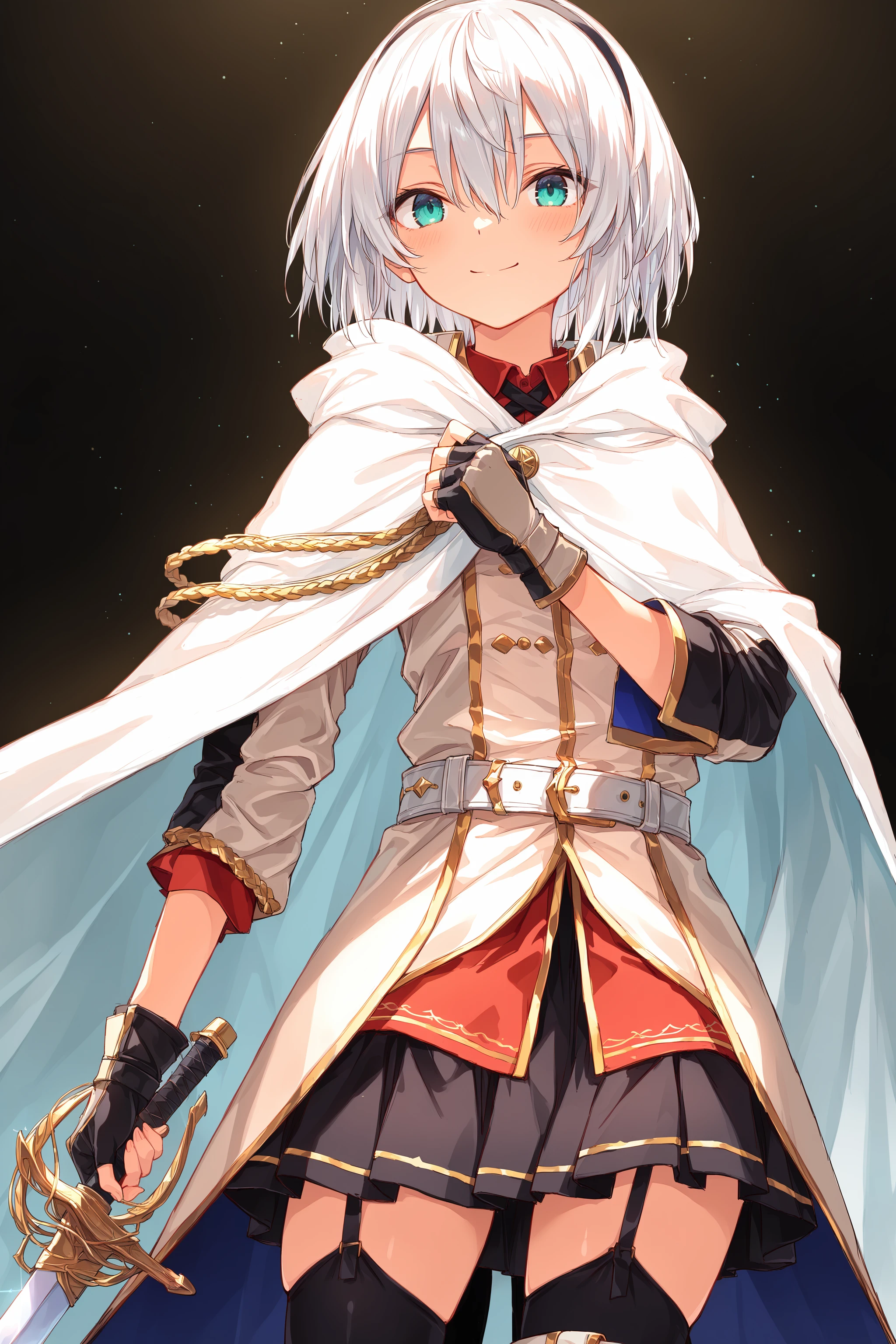 masterpiece, best quality, absurdres, safe
1girl amnesia, short hair, hairband, smile
fingerless gloves, shirt, belt, white cloak, white shirt, white jacket, black skirt, black thighhighs, long sleeves, black gloves, white cape, pleated skirt
simple background, holding sword
<lora:avilia_amnesia_il_d32:1>