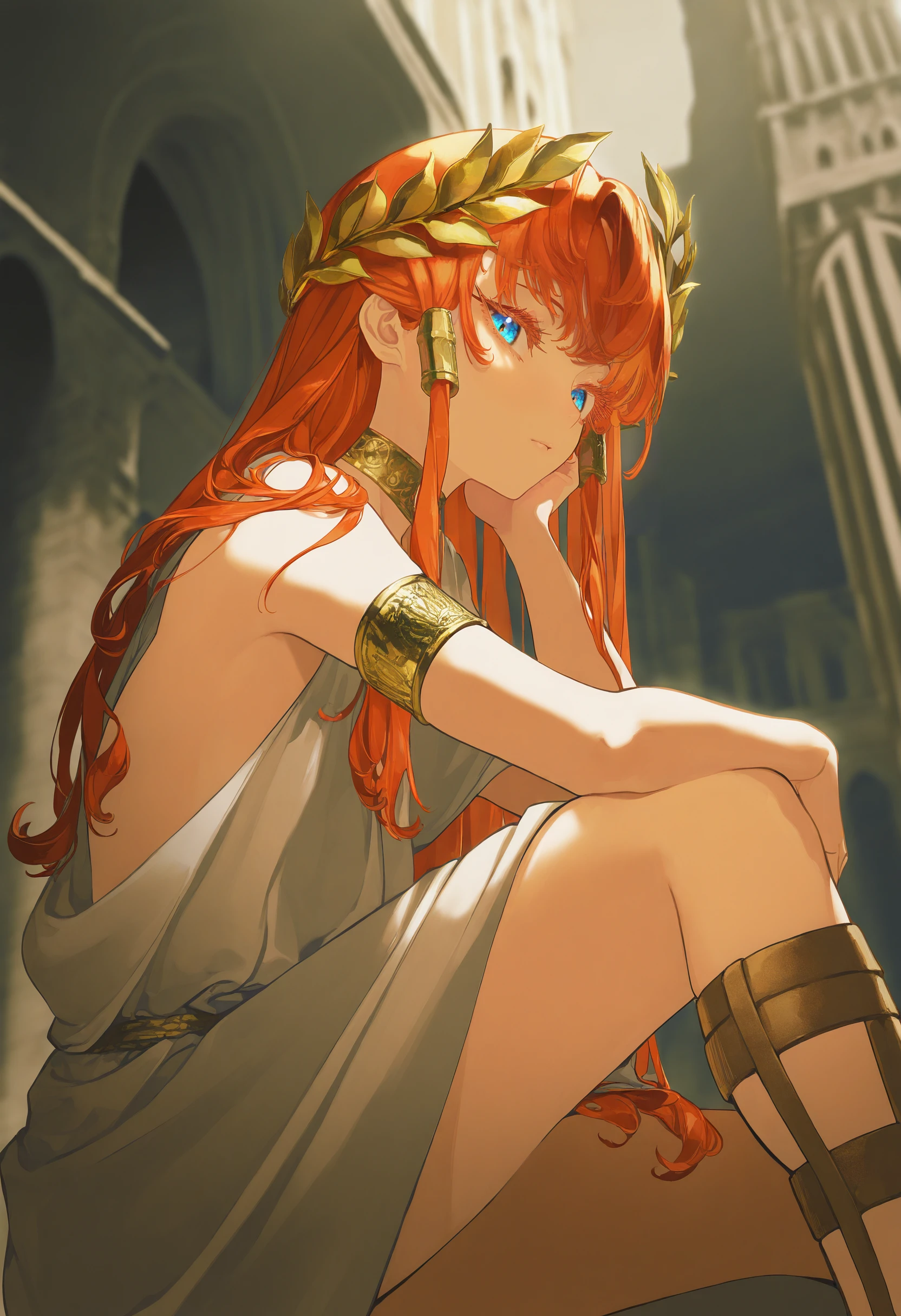 by [|diyokama|say hana|yoneyama mai|lam],
1girl, solo, toga, red hair, greco-roman clothes, ancient greek clothes, gold choker, laurel crown, gladiator sandals,
looking at viewer, colored eyelashes, long eyelashes, blue eyes, gold hair tubes, 
greco-roman architecture,
masterpiece, best quality, very awa, absurdres
 <lora:noobai_epred_11_ ancient_greek_clothes_v1:1>