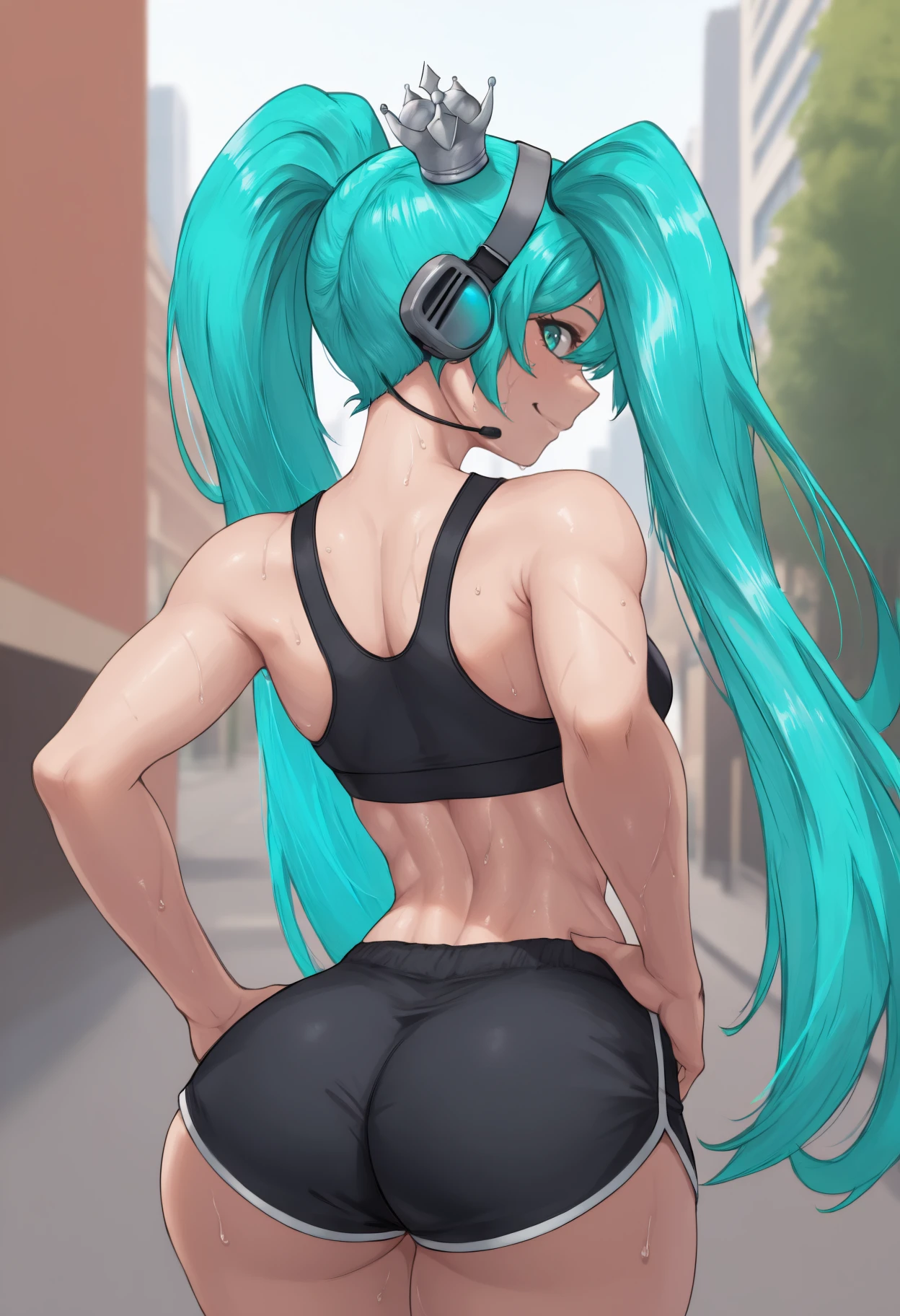 masterpiece, best quality, from behind, solo, 1girl, rcmk13def, sweat, smile, looking back, hands on own hips, long hair, aqua hair, twintails, headset, grey headwear, mini crown, aqua eyes, black sports bra, black shorts, dolphin shorts, micro shorts, ass, outdoors, day, city street
<segment:yolo-Anzhc Face seg 640 v2 y8n.pt,0.4,0.5//cid=1>