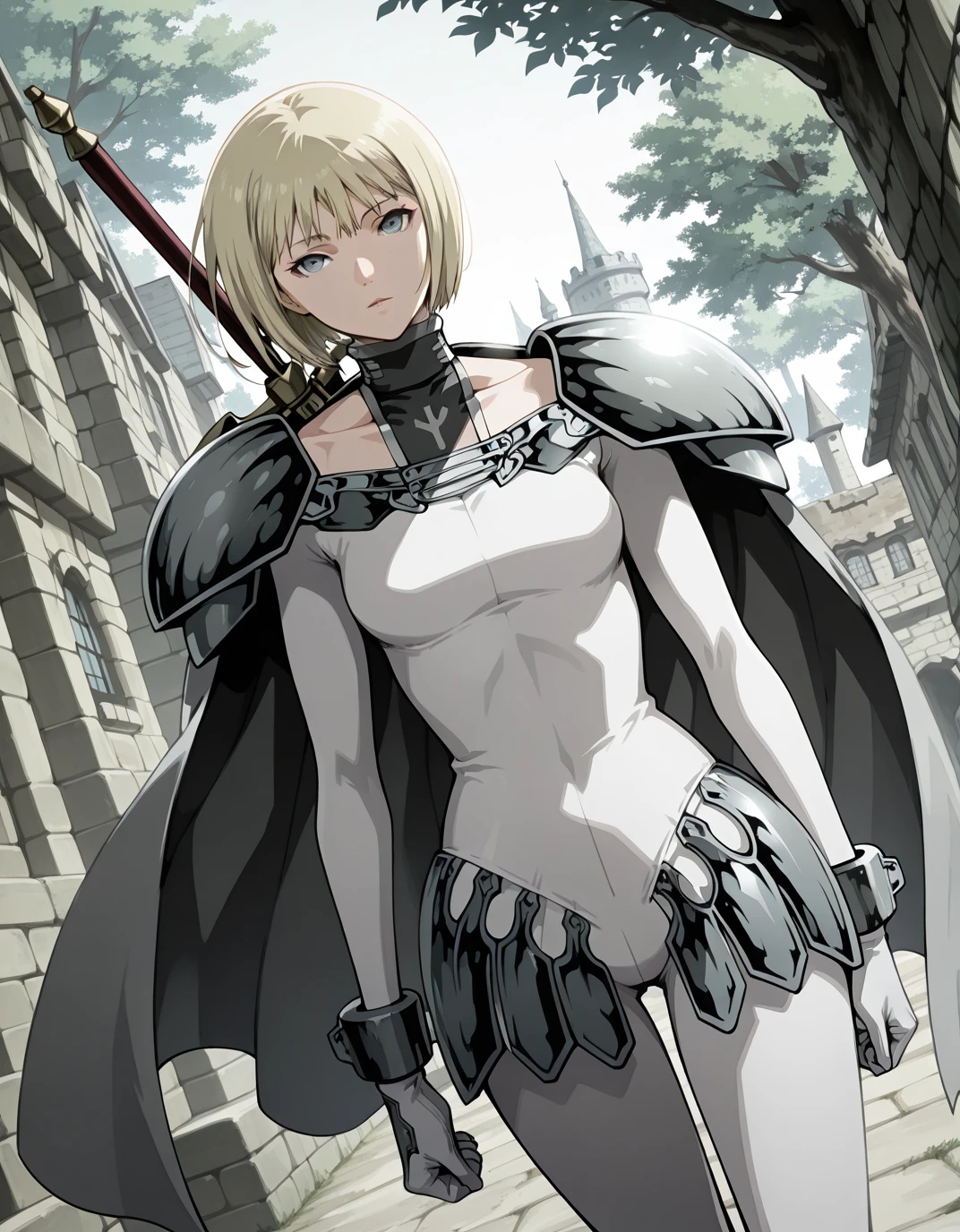 Solo, Clare, Short hair, Blonde hair, Blunt bangs, White bodysuit, Pauldrons, Cape, white gloves, cuffs, Lower armour, grey eyes, (detailed eyes), sword on back, collarbone, insignia, Dutch angle, day, fantasy city, stone building, looking at viewer, nature, tree, best quality, masterpiece