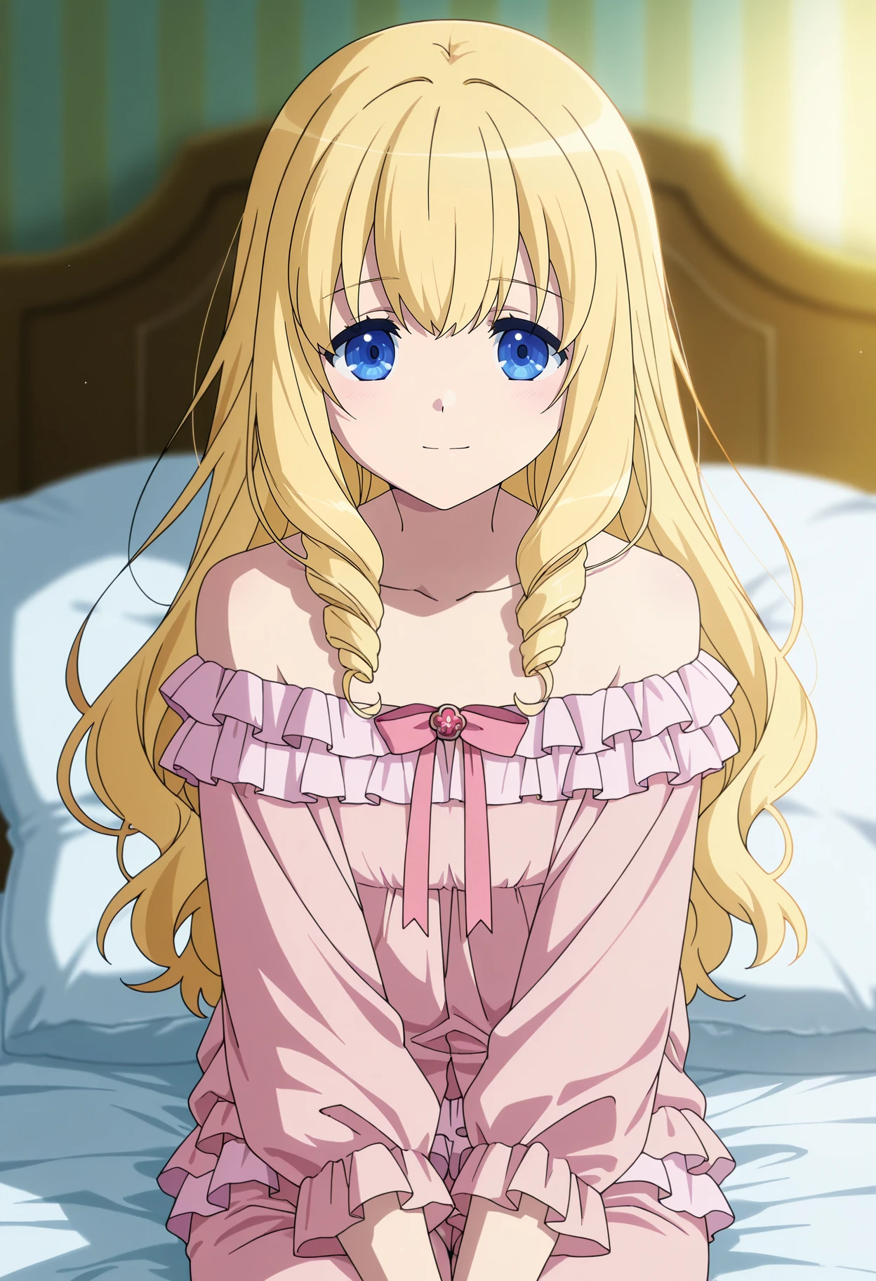 anime screencap, masterpiece, best quality,
<lora:AmagiBrilliantPark_LatifaFleuranza_IlluXL:0.9>,
1girl, solo, closed mouth, light smile, light blush,
drill hair, blonde hair, blue eyes,
LatifaPajamas, pink pajamas, frills, off shoulders,
sitting, looking at viewer,
blurry background, indoors, bed, pillow