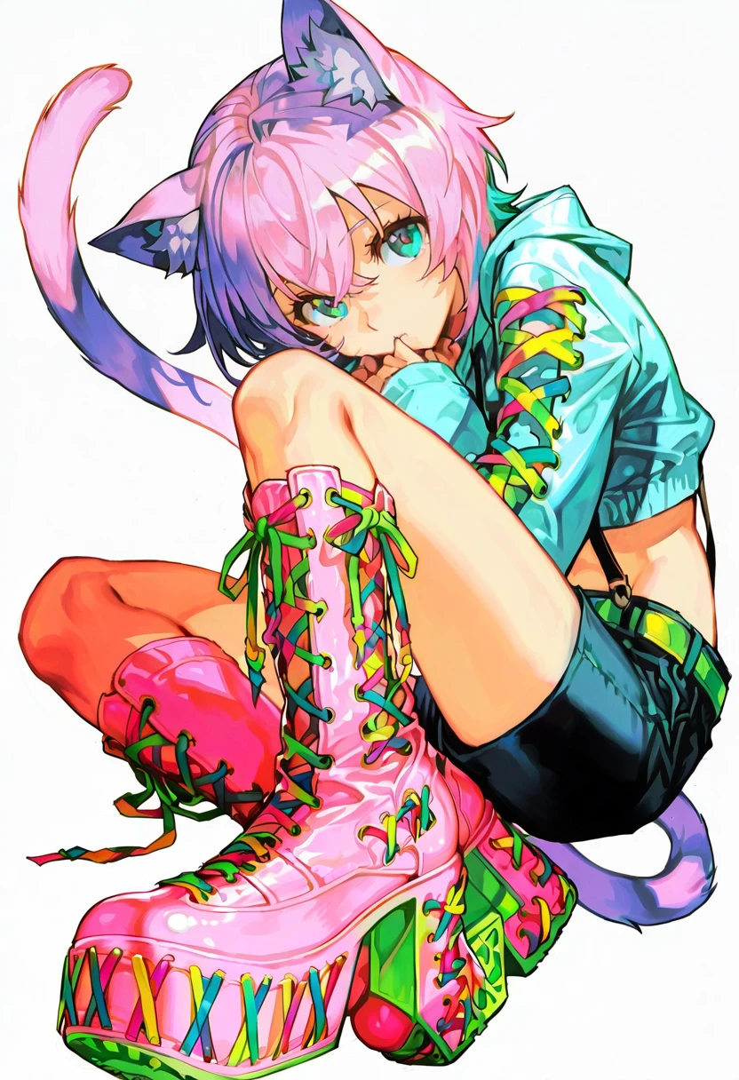 1girl,solo,looking at viewer, hungry clicker, multicolored laced platform boots, colorful, pink footwear, nekomata_okayu