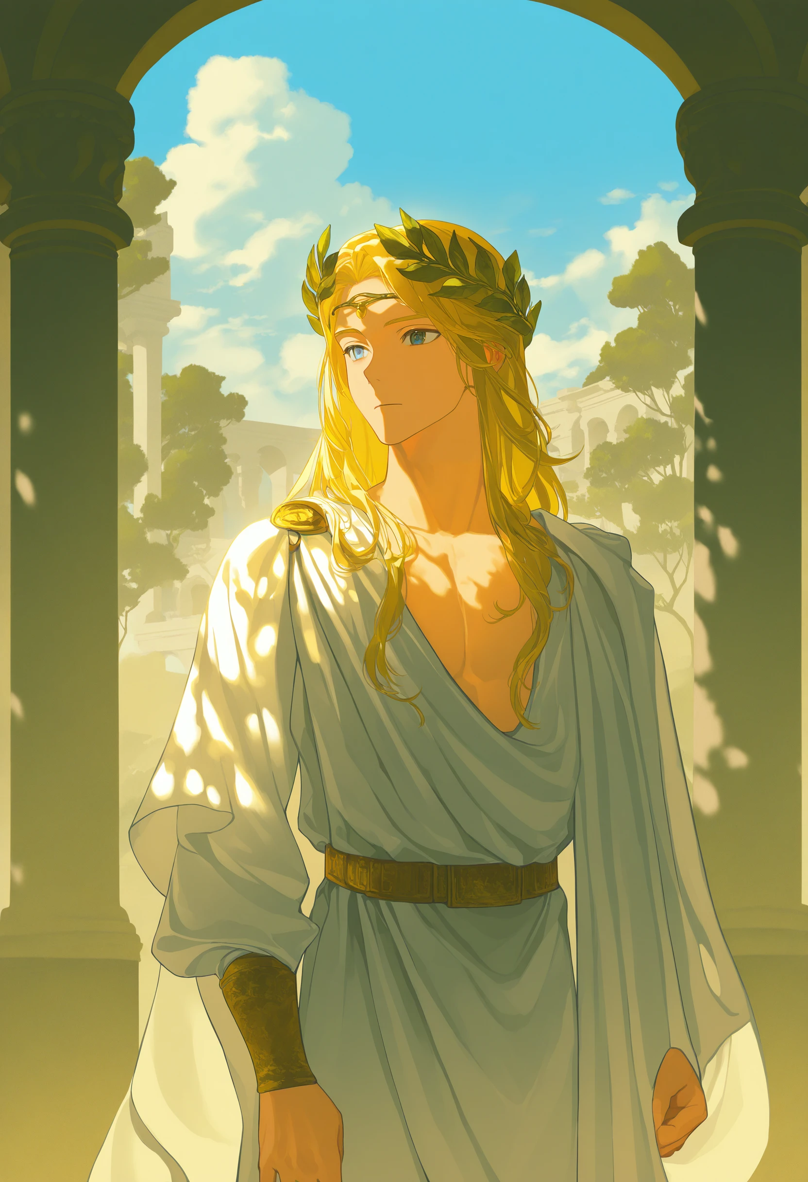 by [|diyokama|say hana|yoneyama mai|lam],
1boy, ancient greek clothes, solo, blonde hair, long hair, outdoors, male focus, greco-roman clothes, cowboy shot, day, white robe, toga, long sleeves, cloud, circlet, laurel crown, belt, 
greco-roman architecture, tree shade, outdoors, blue sky,
masterpiece, best quality, very awa, absurdres
<lora:noobai_epred_11_ ancient_greek_clothes_v1:1>