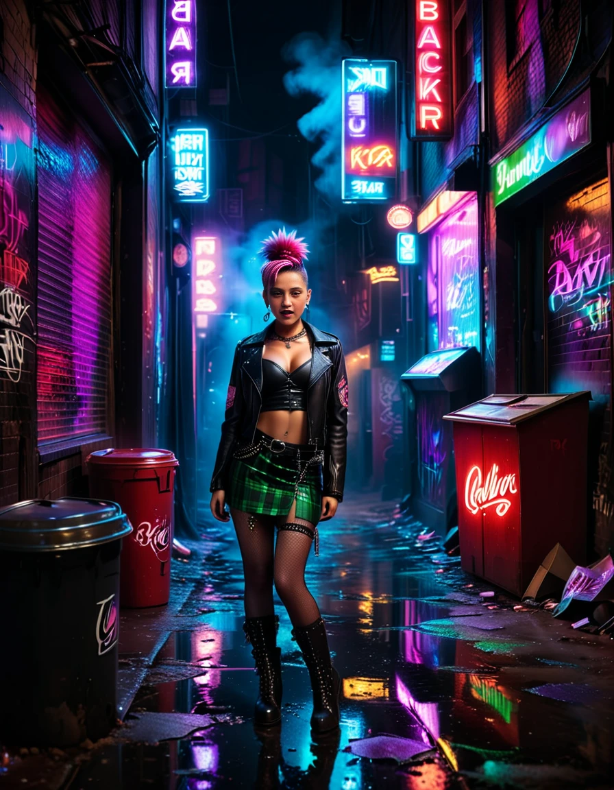 A young woman dressed in punk style standing confidently in a gritty alleyway,all3yway behind a strip club. She wears a leather jacket adorned with spikes, a ripped band T-shirt,a red bra, a plaid skirt with chains, fishnet stockings, and combat boots,a bdsm choker. Her hair is styled in a bold mohawk dyed in vibrant colors like pink and green. Her expression is fierce and rebellious, with smudged dark eyeliner emphasizing her bold look. The alleyway is dimly lit with neon signs casting reflections on wet pavement. Trash bins, graffiti-covered walls, and a faint purple glow from a backdoor light add to the atmosphere. A hint of smoke lingers in the air, completing the urban, edgy vibe of the scene.<lora:SDXLFaeTastic2400:0.4> <lora:extremely_detailed:0.4> extremely detailed, <lora:all3yway:1>, Masterpiece,best quality,hi res,8k,hi res,8k,award winning,(sharp focus, intricate, highly detailed),