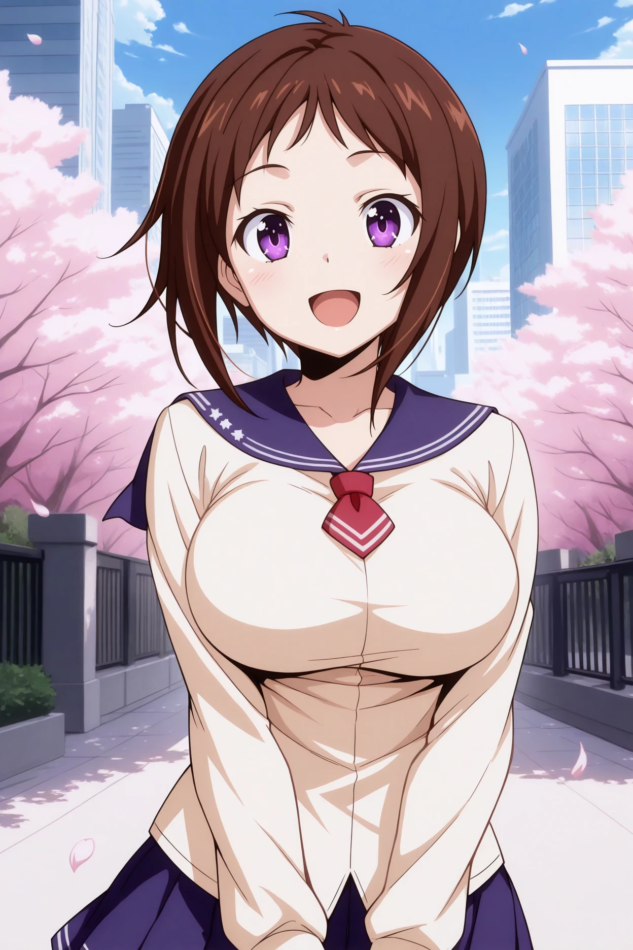 masterpiece, best quality, 1girl, solo,  <lora:wakanaui-illu-nvwls-v1:1> w4kanaui, brown hair, short hair, purple eyes, beige shirt, blue sailor collar, long sleeves, red neckerchief, blue skirt, pleated skirt, large breasts, looking at viewer, upper body, happy, open mouth, city, blue sky, trees, cherry blossoms