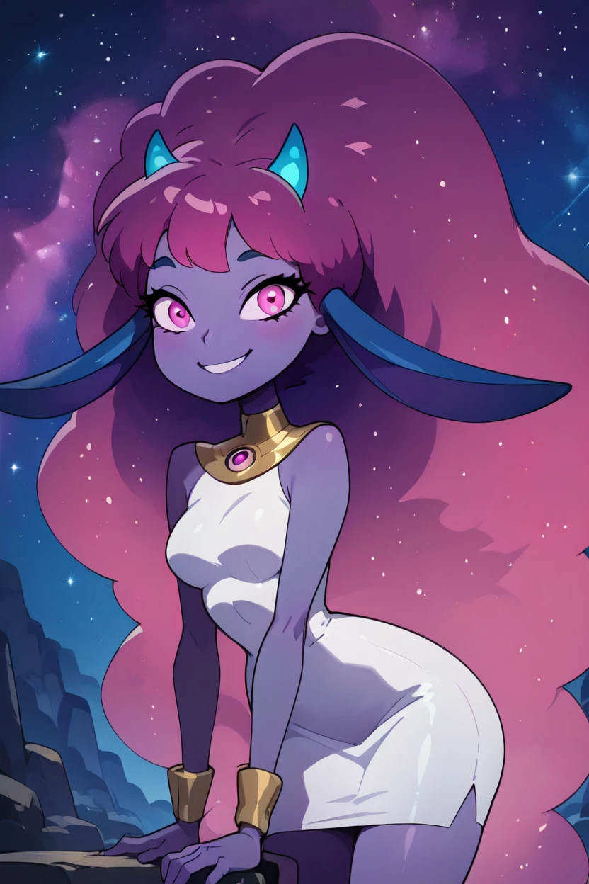 masterpiece, best quality, solo, curvy, beautiful eyes,,<lora:DaedreamCitronOCIXL:1.0>, zzDaedreamCitronOC, zzDaedream, long floating hair, big hair, purple skin, 1girl, blue horns, glowing pink hair, starry sky, glowing, pink eyes, gradient hair, purple hair, starry hair, animal ears, long ears, white dress, side view, ass, leaning forward, cowboy shot, smile, looking at viewer, shiny skin,<lora:TTitansStyleIXL:1.0>,