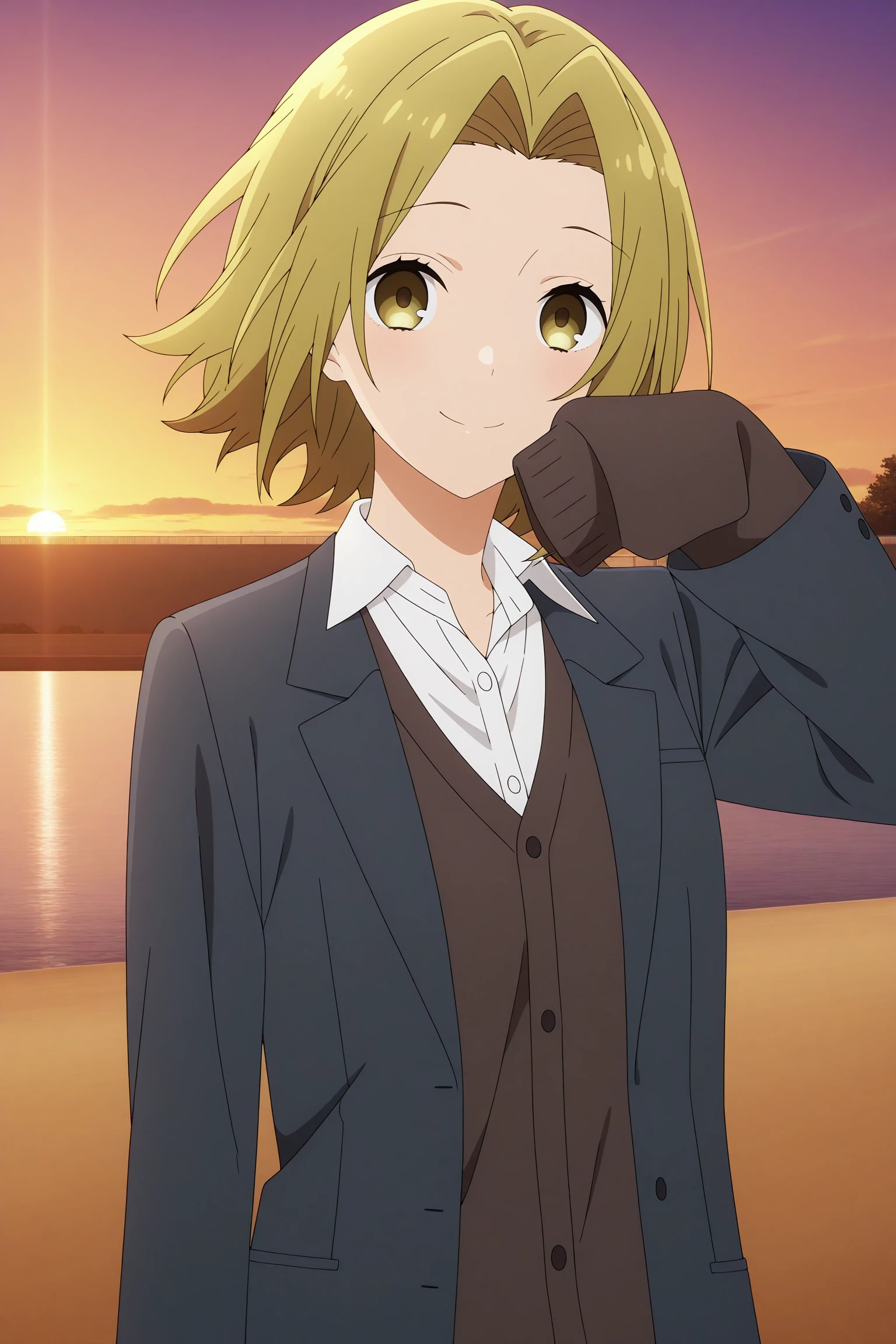 masterpiece, best quality, amazing quality, highres, absurdres, very aesthetic, high resolution, ultra detailed, perfect details, 1girl, solo, outdoors, riverbank, sunset, yoshikawa yuki, blonde hair, short hair, curtained hair, yellow eyes, long sleeves, grey jacket, open jacket, white shirt, collared shirt, brown cardigan, sleeves past fingers, black skirt, pleated skirt, black socks, kneehighs, loafers, <lora:Yuki_Yoshikawa_ILXL:0.8>, (aged up:1.3), (upper body), smile, anime screencap, wind, floating hair, pose