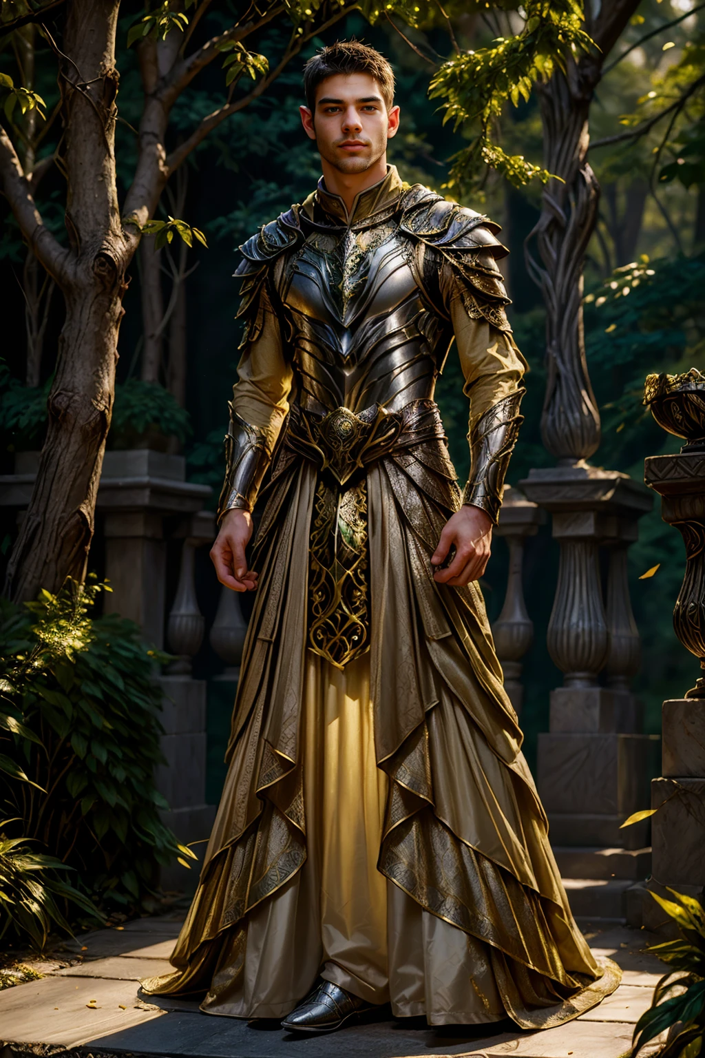 (full body), male focus, photo of ZackRandall, realism, forest background, dynamic pose, wearing intricate (canary yellow and silver) armor, breastplate, belt, embroidered cloak, elar, <lora:ZackRandall:0.80>  , heroic posing, relaxed natural expression, elar, <lora:ElvenArmor-10:0.6>, professional light, cinematic lighting, fashion photography, ambient lighting, <lora:add_detail:0.3>