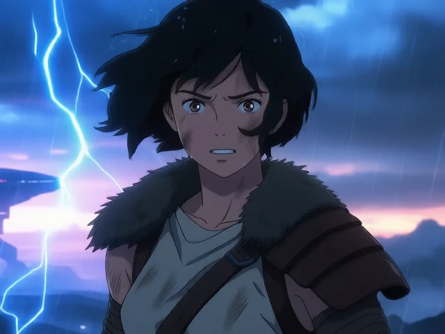 A scene from a Studio Ghibli animated film, featuring a close shot of a young woman with emotional face, dark, windswept hair and intense brown eyes, standing against vast futuristic floating city floating in the sky illuminated by an sunset breaking through storm clouds, with a torrential thunderstorm and heavy rain cascading around her. She is wearing a warrior's outfit made of fur-lined shoulder pieces, leather straps, and a tattered white tunic. She Her hair, wild from the powerful wind, falls across her face as she stands defiantly, exuding determination. Hard rain falls down on her face, clothes and hair. Blue thunderstorm lightings are sparkling behind her.
