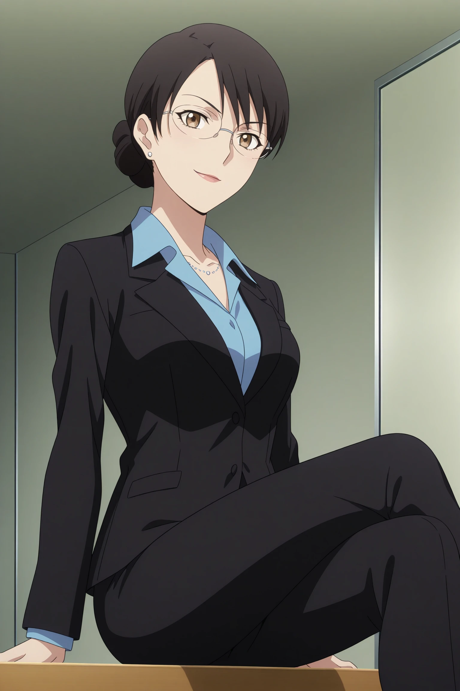 masterpiece, best quality, amazing quality, highres, absurdres, very aesthetic, high resolution, ultra detailed, perfect details, 1girl, solo, indoors, kikuchihara aki, black hair, short hair, hair bun, swept bangs, brown eyes, rimless eyewear, stud earrings, necklace, pant suit, black jacket, blue shirt, collared shirt, necklace, black pants, black footwear, high heels, <lora:Aki_Kikuchihara_ILXL:0.8>, (aged up:1.4), (foot out of frame:1.2), smile, (pose:1.4), anime screencap, sitting, crossed legs, from side