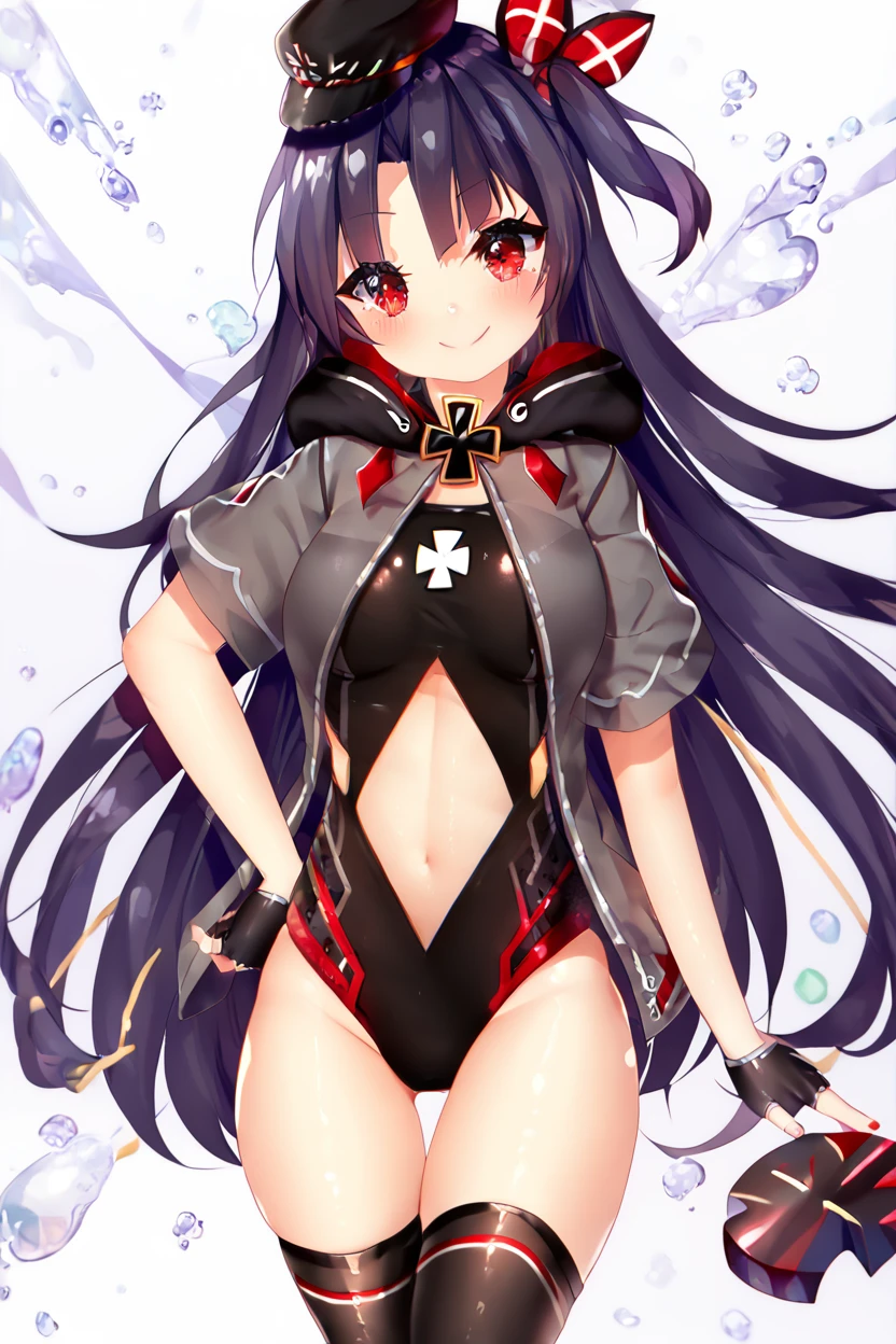 score_9, score_8_up, score_8, medium breasts, (curvy), cute, eyelashes,       ,,, , ,,, zzU73, red eyes, black hair, hair ornament, hair ribbon, long hair, one side up, hat, jacket, gloves, very long hair, swimsuit, short sleeves, fingerless gloves, iron cross, one-piece swimsuit, center opening, black thighhighs,  <lora:U73_Azurlane_PDXL:1.0>,  ,,,, BREAK, smile, closed mouth, looking at viewer, cowboy shot, ,,, embedding:zPDXL, Expressiveh, ,,, <lora:Puppypaww_Style_PDXL_v2:0.8>, <lora:SDXLFaeTastic2400:0.5>, <lora:Expressive_H-000001:0.4>,