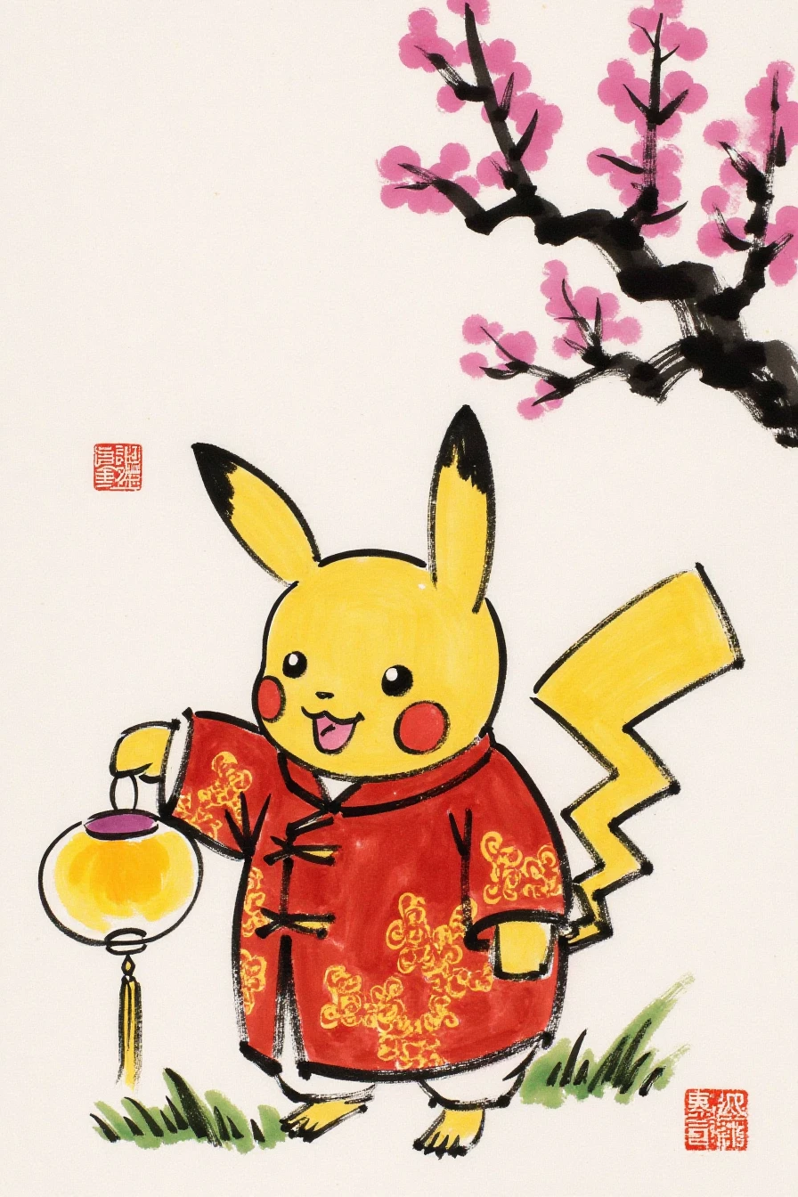 fengzikai, Chinese ink painting.
Pikachu is dressed in a red and gold traditional Chinese outfit, holding a lantern under cherry blossoms during the Spring Festival. The colors are vibrant, conveying joy and celebration. In the style of anime art.