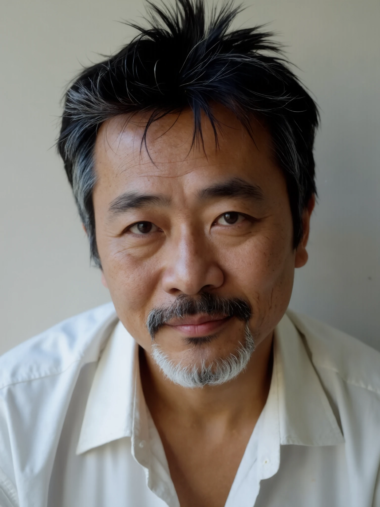 The image depicts a close-up portrait of a middle-aged Chinese man, He faces the camera and his eyes looking at the camera. The man has tousled dark hair with distinct gray highlights, expressive eyebrows, and a well-maintained beard predominantly gray with traces of black. He wears a casual, unbuttoned white shirt which adds to the relaxed yet contemplative aura of the photograph. The lighting is soft and even, highlighting the detailed textures of his skin and hair, and casting gentle shadows that contour his face, emphasizing his thoughtful expression. The background is a plain light-colored wall, ensuring that the focus remains squarely on him. His gaze seems distant and reflective, suggesting a deep engagement with unseen thoughts or subjects, and this element adds an intriguing emotional layer to the image.