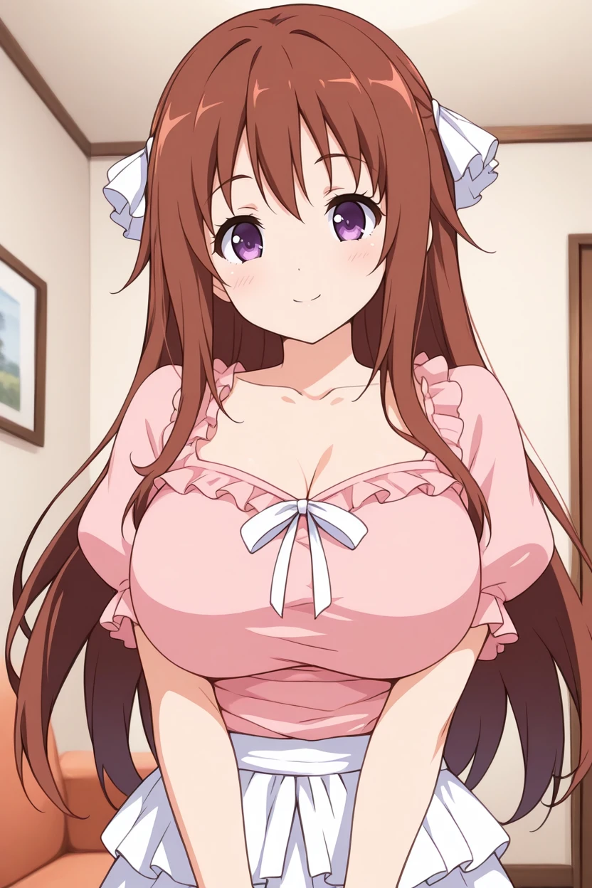 masterpiece, best quality, 1girl, solo <lora:csayuu-illu-nvwls-v1-000005:1> csayuu, brown hair, long hair, purple eyes, hair ribbon, white ribbon, pink shirt, puffy sleeves, frills, white skirt, big breasts, looking at viewer, happy, upper body, living room