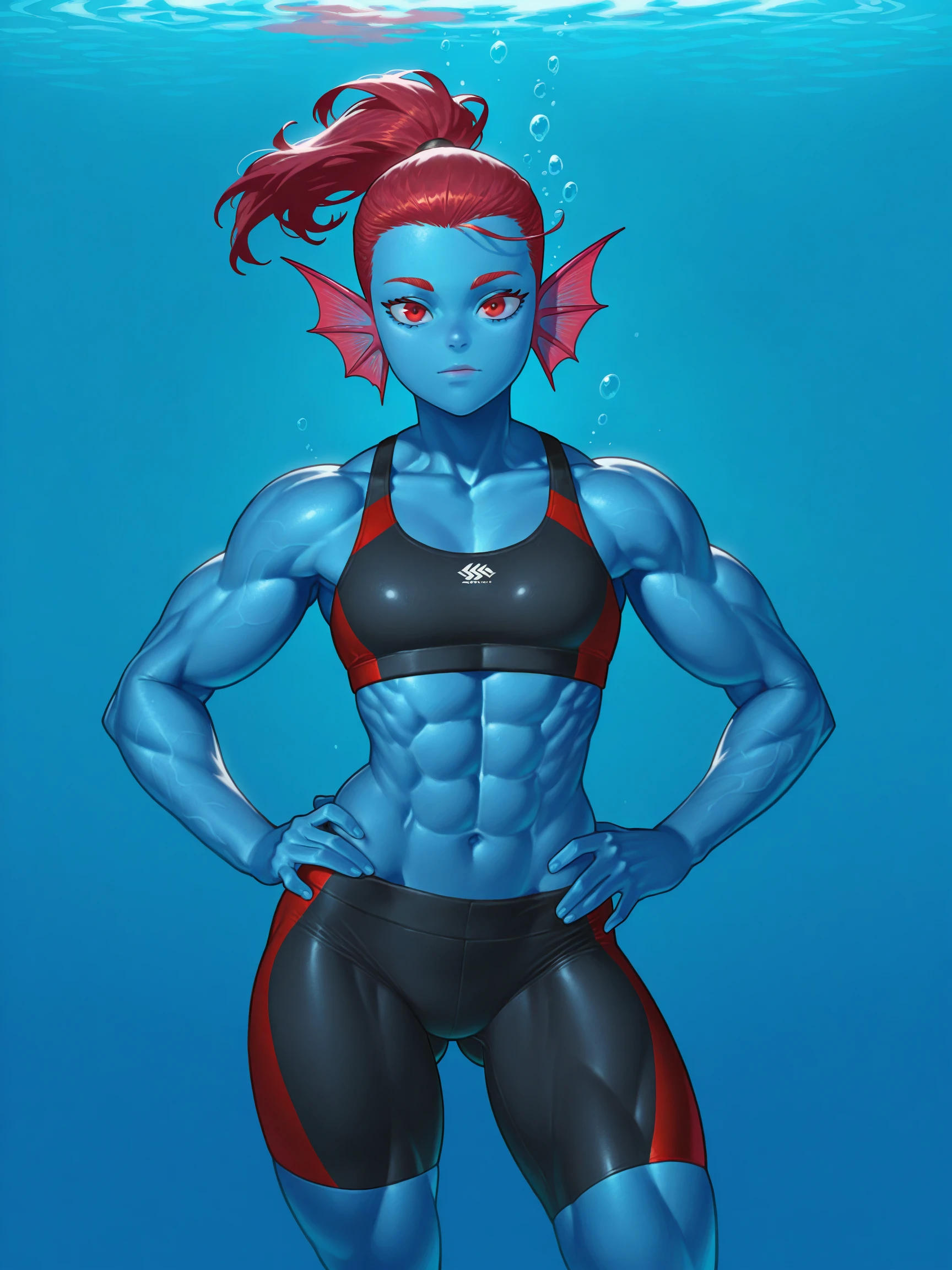 masterpiece, best quality, high quality, detailed, absurdres,
justsomenoobill, 1girl, solo, head fins, blue_skin, red eyes, small breasts, muscular female, ponytail, red hair, underwater, sports bra, bike shorts, looking at viewer, hand on own hip, ass visible through thighs,
<lora:justsomenoobill-000006:1> ,