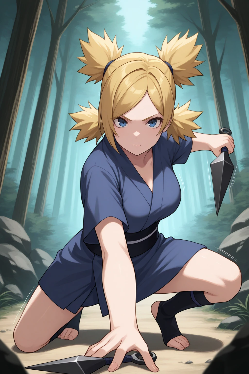 masterpiece, best quality, serious, 1girl, tmr, large breasts, blonde hair, blue eyes, quad tails, parted bangs, blue kimono, short sleeves, toeless legwear, holding weapon, kunai, dynamic pose, foreshortening, incoming attack, motion lines, motion blur, outdoors, forest, <lora:Hoseki_Boruto_Temari_IllustriousXL_v1:1>