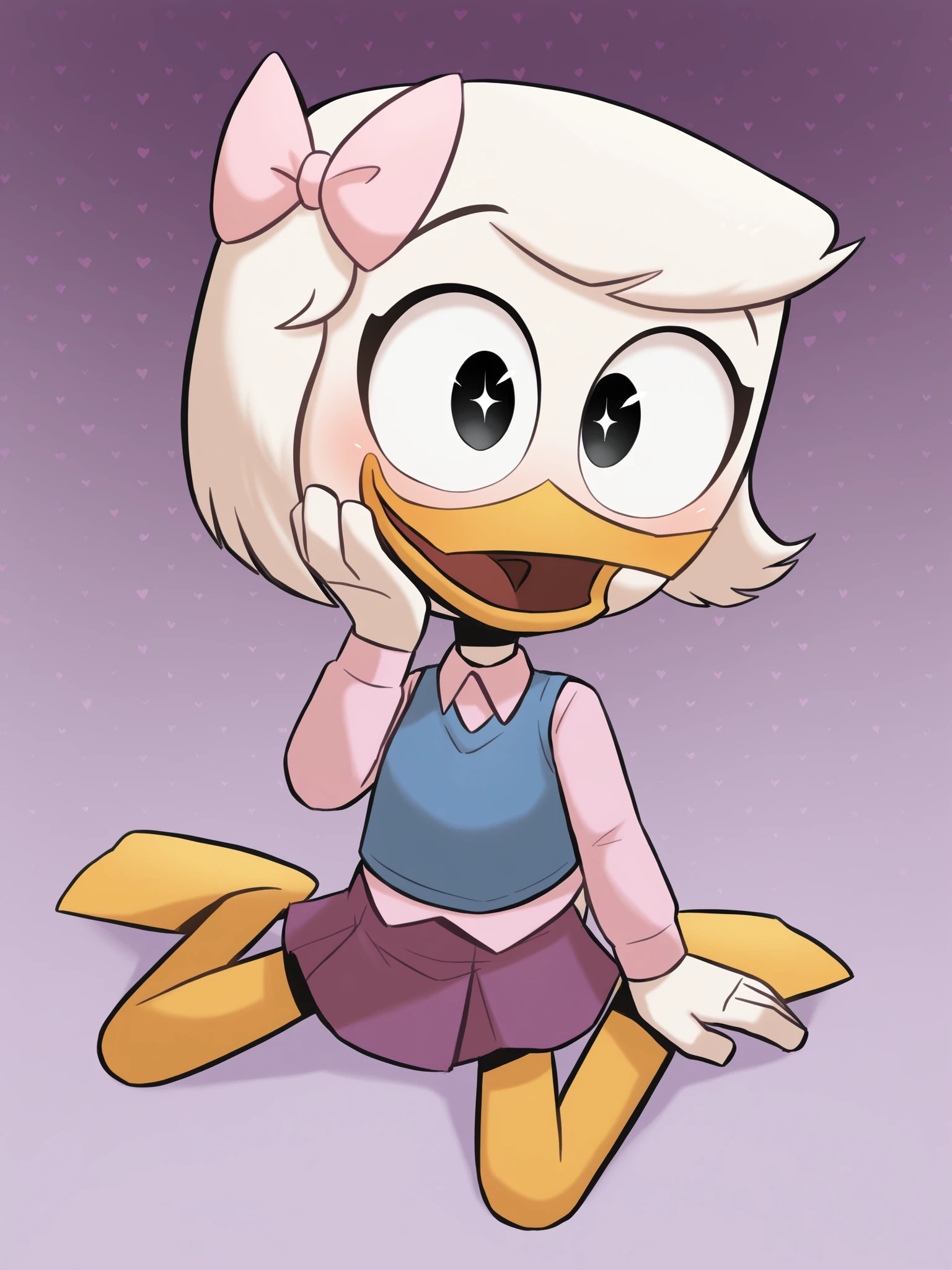 (masterpiece, best quality, very aesthetic, absurdres, artist:sakura, gradient background, purple background, shaded,) 1girl, female, webby vanderquack, duck, beak, young, hand on own cheek:1.2, wariza, wide eyed, black eyes, looking at viewer, sparkling eyes, open smile, blush, upper body, white hair, pink bow, hair bow, pink dress shirt, blue vest, purple skirt,  heart background,  <lora:Sakura_Style:1> <lora:Webby_Vanderquack:0.7>