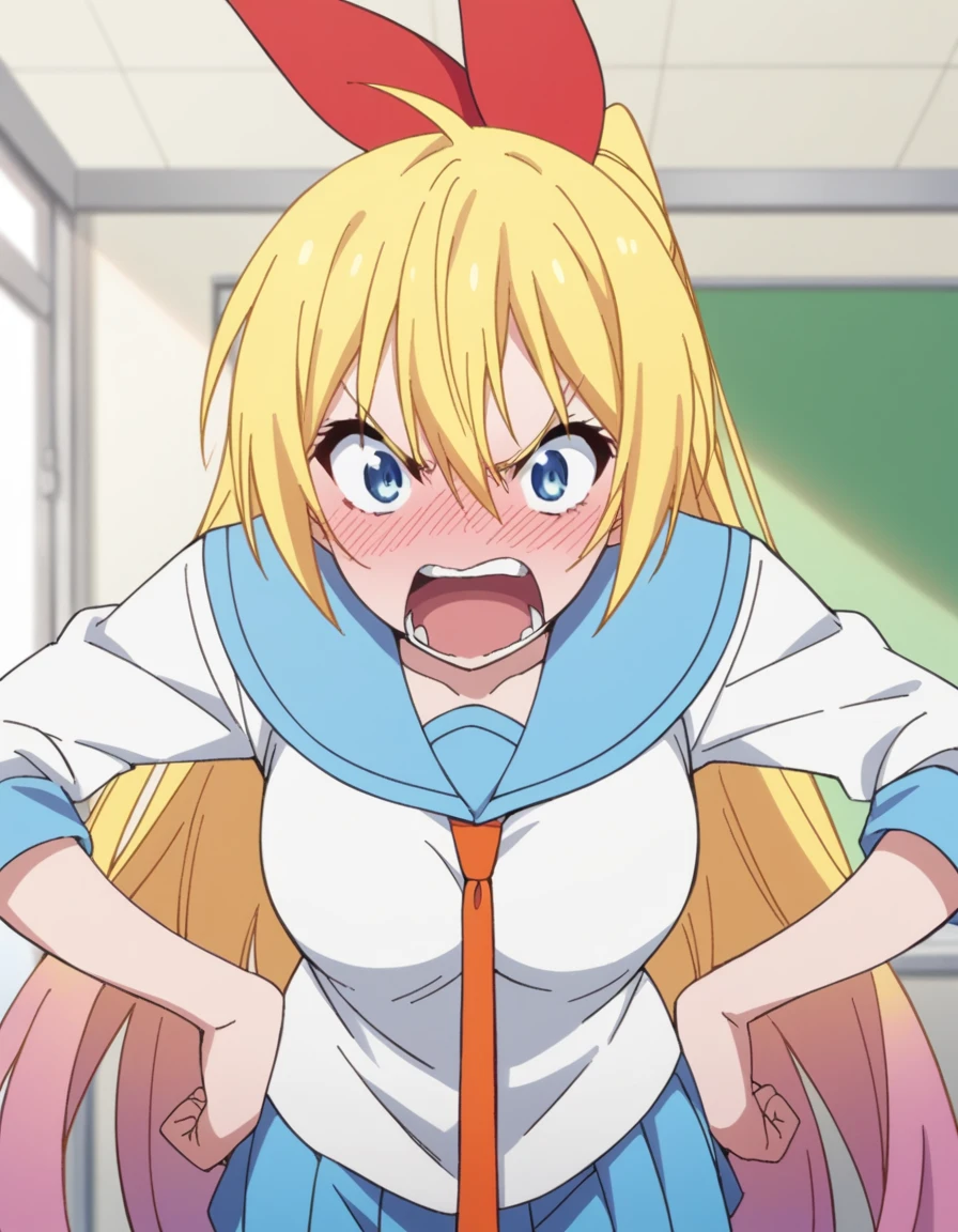 score_9, score_8_up, score_7_up, source_anime, 
<lora:chitoge-kirisaki-s2-ponyxl-lora-nochekaiser:1>, chitoge kirisaki, long hair, blue eyes, blonde hair, ribbon, hair between eyes, very long hair, hair ribbon, multicolored hair, red ribbon, gradient hair, medium breasts,
skirt, shirt, thighhighs, school uniform, collarbone, white shirt, pleated skirt, necktie, serafuku, sailor collar, red ribbon, blue skirt, blue sailor collar,
indoors, blush, bent over, angry, hands on own hips, shouting, open mouth,
cowboy shot, solo, looking at viewer,