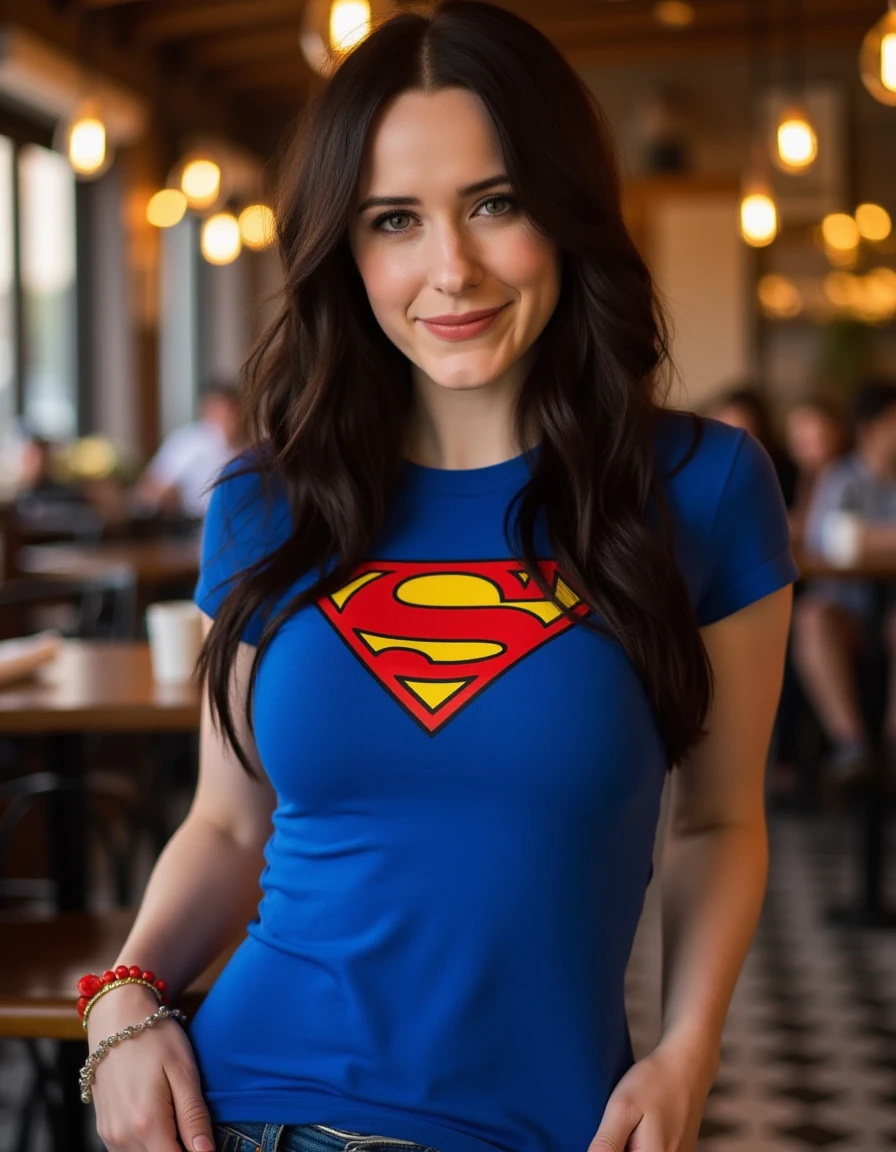 <lora:Rachel_Brosnahan_Flux:1>  This is a  beautiful photograph of a woman, Her hair cascades around her shoulders, framing her face. She is wearing a blue form fitting t-shirt with a yellow and red superman logo on the chest, Standing in a cafe. Looking at the viewer. Smile.