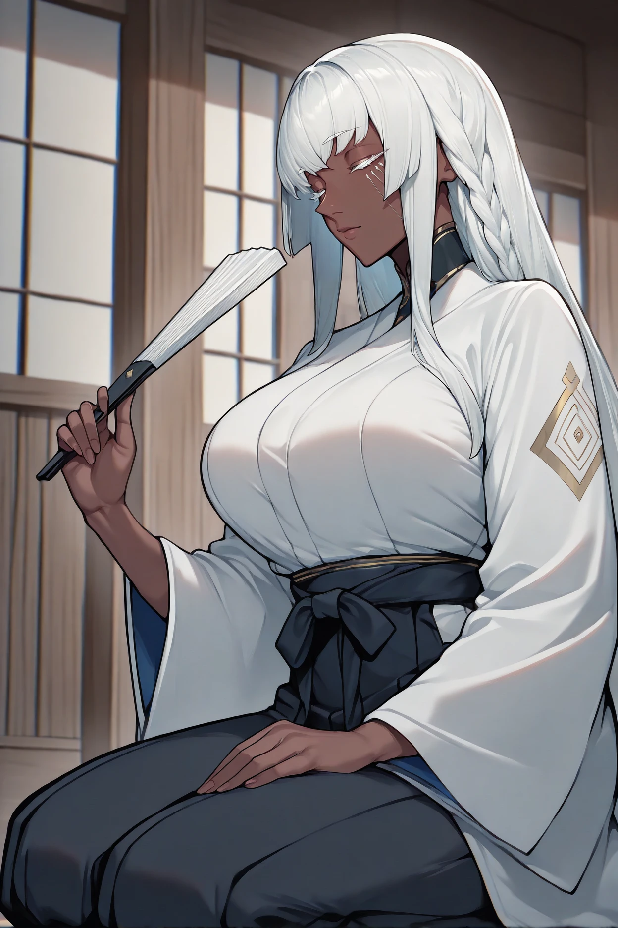 masterpiece, best quality, 1girl, solo,  <lora:brigitta-illu-nvwls-v1-000005:1> brigitta, white hair, white eyelashes, braid, long hair, dark-skinned female, facial mark, large breasts, white kimono, black hakama pants, wide sleeves, seiza, holding hand fan, closed eyes, japanese architecture, indoors, latest, new, absurdres