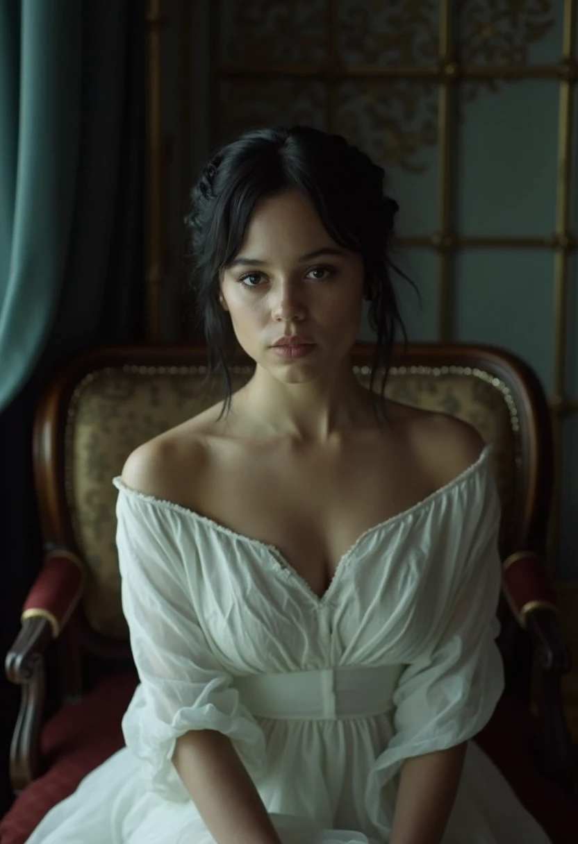 {    "T5": "A cinematic still photo of Jenna Ortega, a 25-year-old woman with pale skin, wearing a elegant white dress and an elegant crown braid hairstyle. The image is set in a dimly lit, mystical environment with a dramatic atmosphere, emphasizing Jenna's intense and serious expression. \n   - Medium: High-quality digital photo.\n   - Camera: A high-end cinema camera with a 35mm lens, set to manual mode with an aperture of f/2.2 and a low ISO.\n   - Lighting: Moody, with soft, diffused shadows and highlights that accentuate Jenna's features and the textures of her dress and surroundings.\n   - Jenna's Pose: Seated or standing with a subtle, enigmatic smile, and a slight tilt of her head, exuding mystery and allure.\n   - Setting: A lavish, atmospheric interior, with muted colors and opulent fabrics, featuring antique furnishings and decor that adds to the sense of luxury and refinement.\n   - Background: A subtle blur, drawing focus to Jenna, while still conveying the intricate details and textures of the setting.",    "CLIP": "woman, pale skin, serious, white dress, elegant, crown braid, dim lighting, moody atmosphere, cinematic still" }