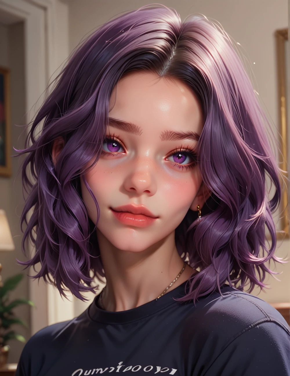 score_9, score_8_up, score_8, score_7_up, score_7,
Portrait of a beautiful girl, 25 years old, with dark purple hair, purple dark eyes, room, short black shirt,
<lora:topmodel:1>
<lora:julia_pony_final:1> juliaponyvf