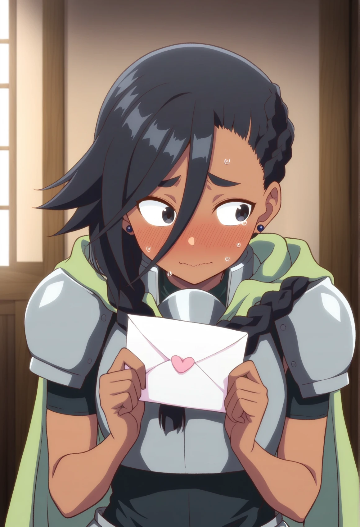 1girl, black hair, asymmetrical hair, braid, dark skin, black eyes, earrings, armor, green cape, short sleeves, indoors, embarrassed, holding love letter, blush, looking to the side, upper body  <lora:Ococho_Radiant:0.8>, masterpiece, best quality, amazing quality, very aesthetic, absurdres, highres, newest