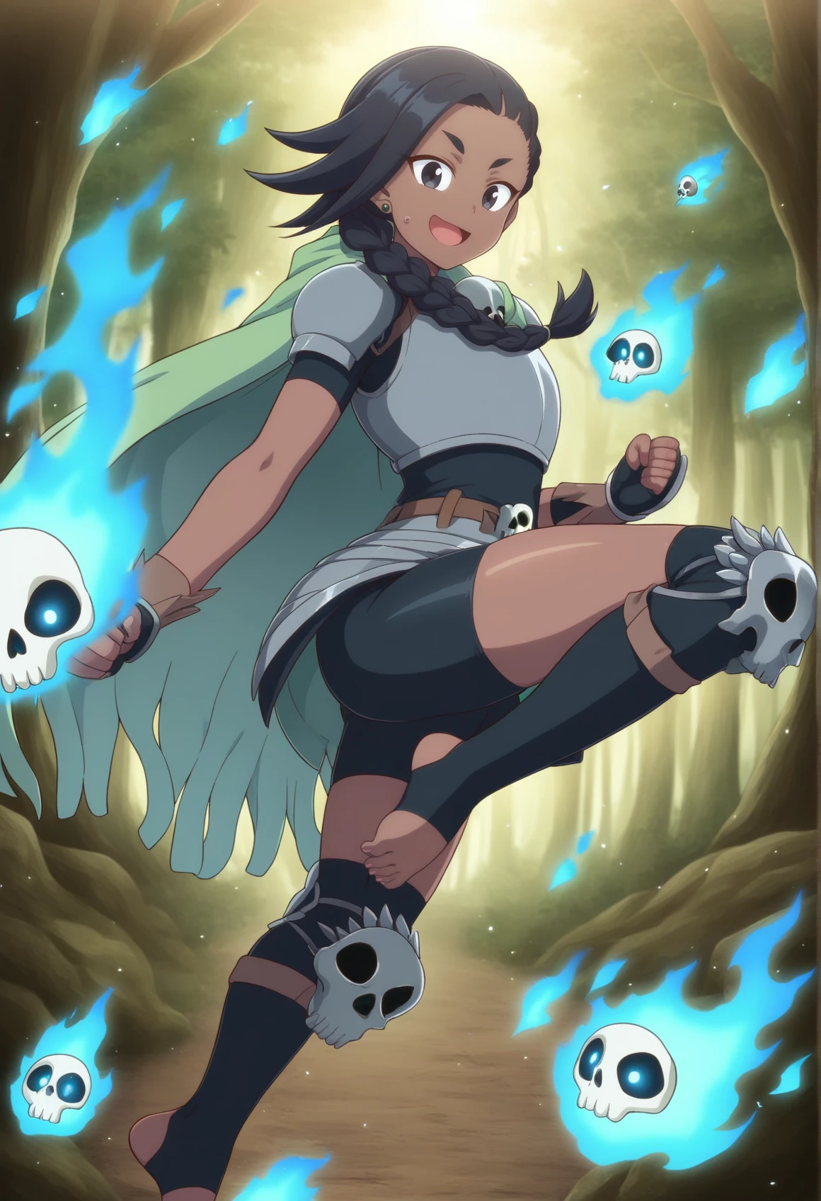 1girl, black hair, asymmetrical hair, braid, dark skin, black eyes, earrings, armor, green cape, short sleeves, fighting stance, on one leg, toeless legwear, smile, knee pads, skull, blue fire, outdoors, forest, full body, bike shorts, open mouth, looking at viewer,   <lora:Ococho_Radiant:0.8>, masterpiece, best quality, amazing quality, very aesthetic, absurdres, highres, newest