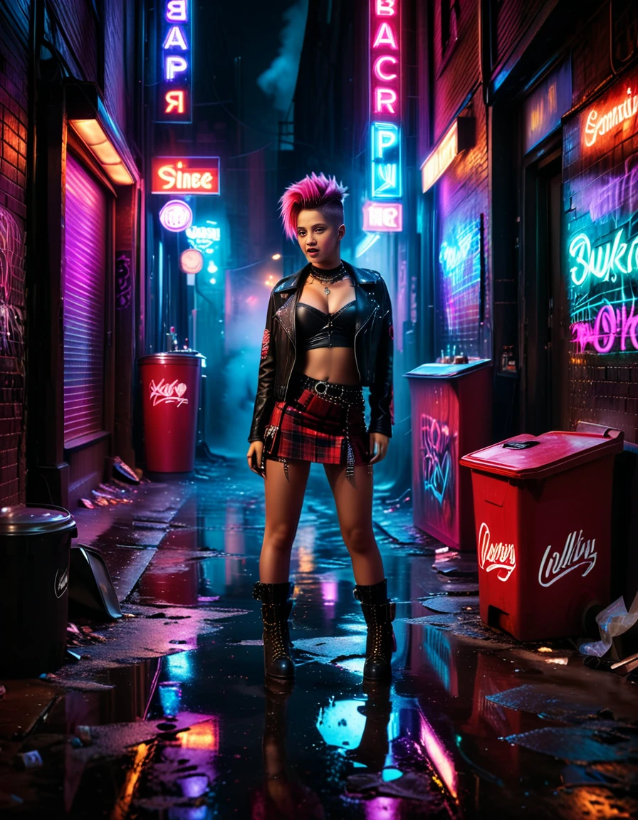 A young woman dressed in punk style standing confidently in a gritty alleyway,all3yway behind a strip club. She wears a leather jacket adorned with spikes, a ripped band T-shirt,a red bra, a plaid skirt with chains, fishnet stockings, and combat boots,a bdsm choker. Her hair is styled in a bold mohawk dyed in vibrant colors like pink and green. Her expression is fierce and rebellious, with smudged dark eyeliner emphasizing her bold look. The alleyway is dimly lit with neon signs casting reflections on wet pavement. Trash bins, graffiti-covered walls, and a faint purple glow from a backdoor light add to the atmosphere. A hint of smoke lingers in the air, completing the urban, edgy vibe of the scene.<lora:SDXLFaeTastic2400:0.4> <lora:extremely_detailed:0.4> extremely detailed, <lora:all3yway:1>, Masterpiece,best quality,hi res,8k,hi res,8k,award winning,(sharp focus, intricate, highly detailed),