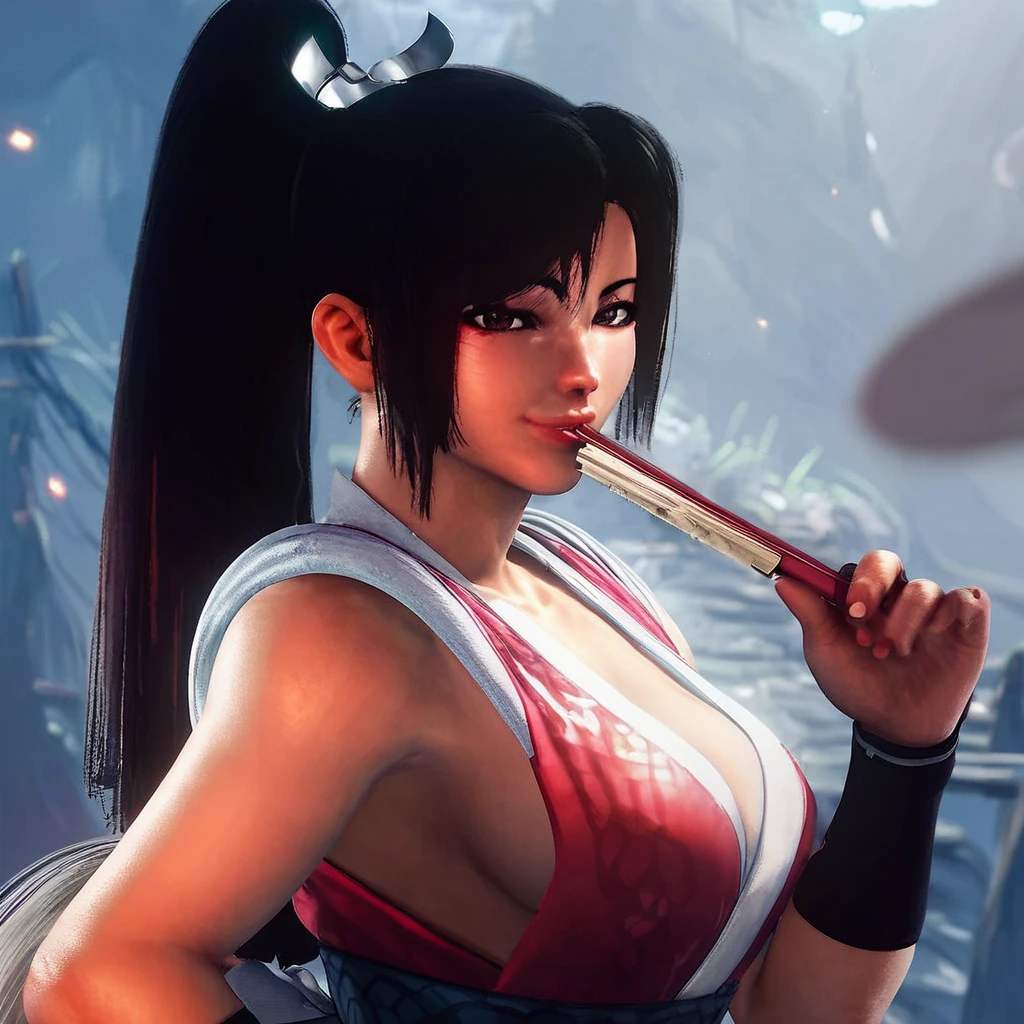 score_9, score_8_up, score_7_up, score_6_up, score_5_up, score_4_up, 1girl, m4i, hand fan, folding fan, bangs, long hair, ponytail, Japanese clothes, pelvic curtain, large breasts, breasts, ninja, lips, smile, looking at viewer,
 <lora:mai_sf6:1>