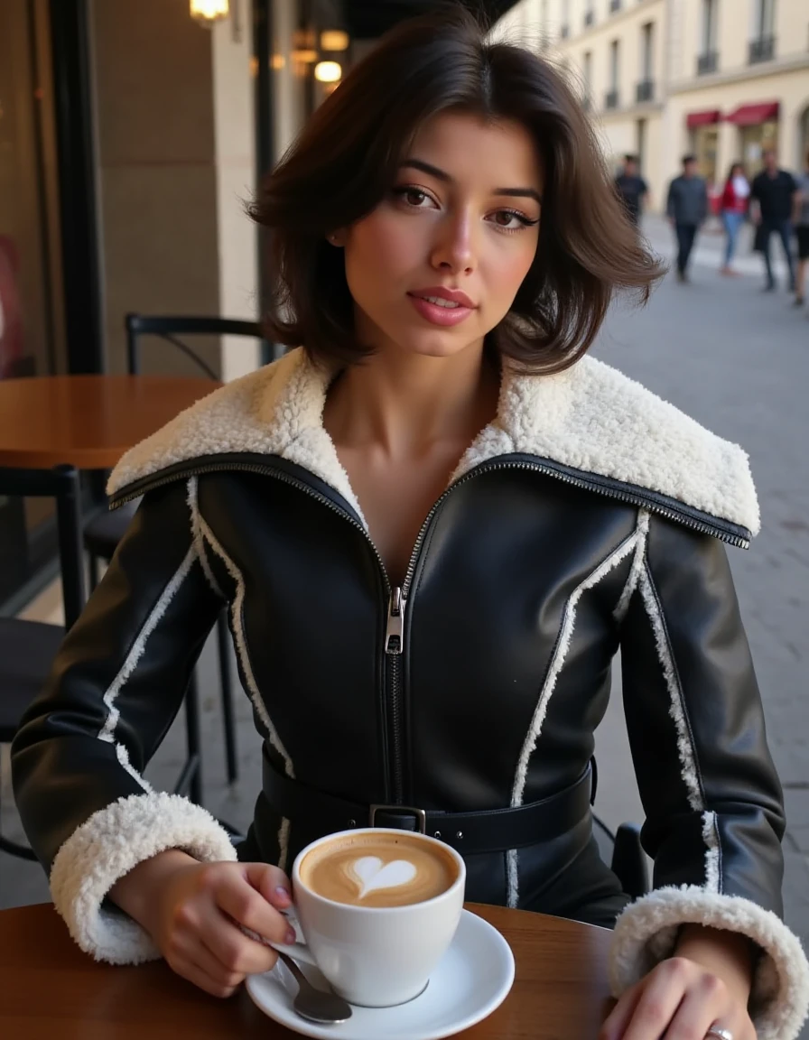 A stunning woman black leather jacket, shearling collar,. She sits in a romantic street cafe in paris, having a cup of coffee.