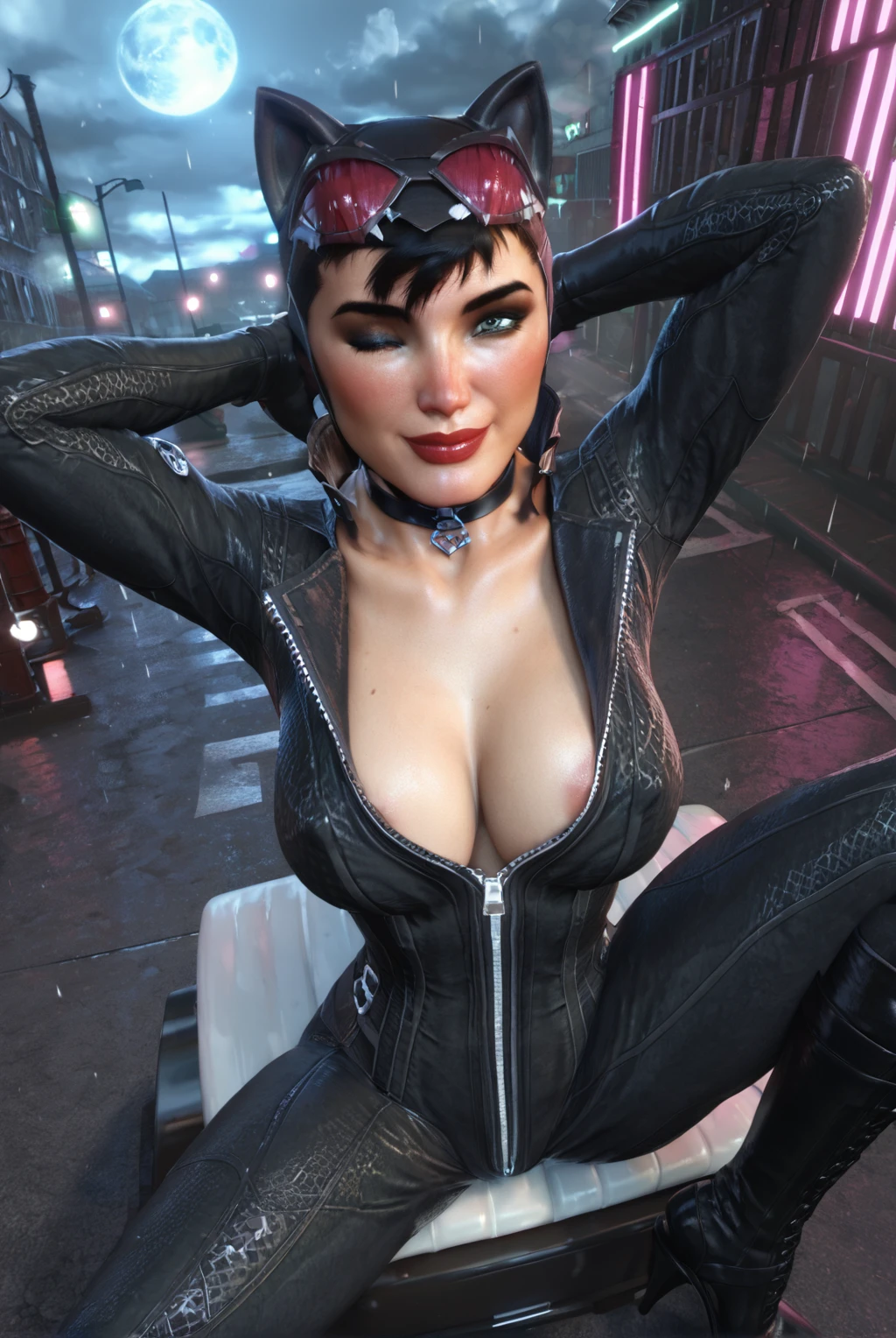 score_9, score_8_up, score_7_up, 1girl, catwoman, breasts, short hair, blue eyes, large breasts, black hair, gloves, animal ears, cleavage, outdoors, choker, cloud, cat ears, collar, fake animal ears, night, moon, cloudy sky, skin tight, full moon, zipper, rain, street, realistic, black bodysuit, unzipped, partially unzipped, fog, cat hood, moonlight, lights, neon lights, open bodysuit, high heel boots, arms behind head, sitting, spread legs, from above, areolae slip, blush, (smile), wink, looking at viewer, close up