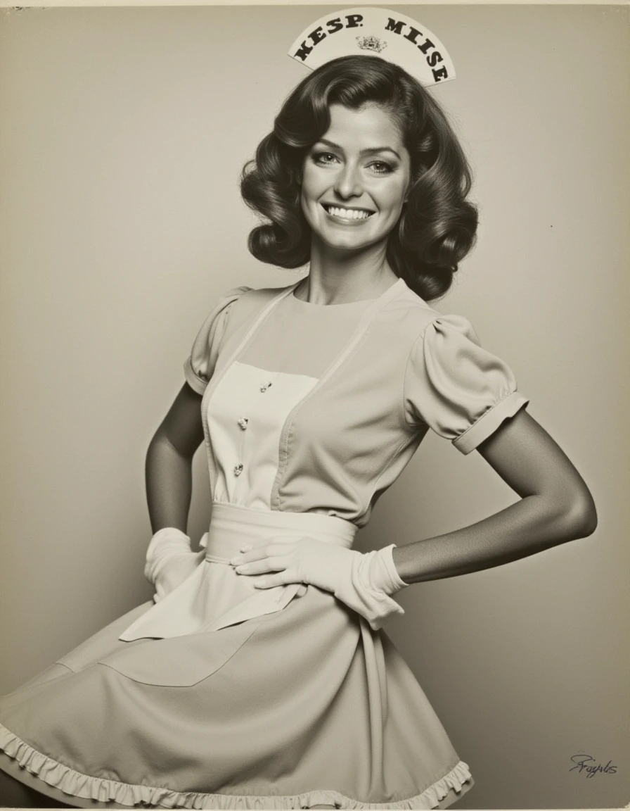 a woman dressed in a cute little nurse costume from the 40s <lora:farrah-fawcett-charlie-s-angels-flux:1>