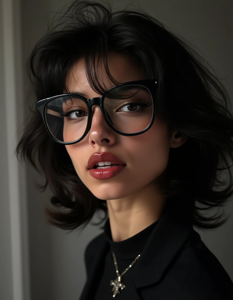 A striking portrait of a fierce black-haired woman with piercing eyes and bold, direct eye contact. She wears natural-looking brick-red lipstick and large, avant-garde glasses. The composition embodies a high-fashion editorial aesthetic, blending ethereal beauty with dramatic shadows and luxurious fashion details. The zoomed-out perspective places the subject in 30% of the frame, leaving ample negative space around her head for a modern, minimalist feel. The subtle 3D effect enhances the visual depth, creating a captivating and dynamic image.