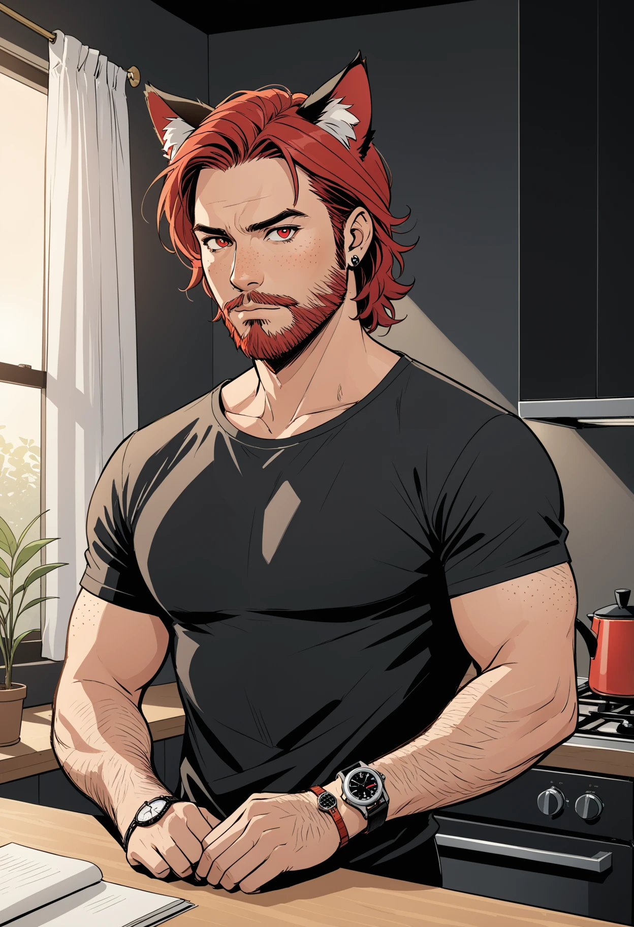 Hell4ineXLPOS solo, mature male, stubble, male focus, red hair, facial hair, red eyes, 1boy, animal ears, upper body, short sleeves, indoors, cat ears, arm hair, beard, freckles, pillow, black shirt, black t-shirt, watch, wristwatch, window, plant, curtains, studio lighting, side lighting, lamp, kitchen, standing against the counter, looking at viewer,âââ