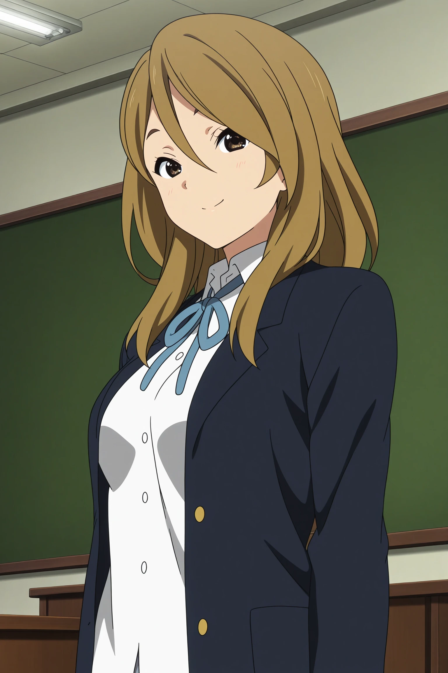 masterpiece, best quality, amazing quality, highres, absurdres, very aesthetic, high resolution, ultra detailed, perfect details, 1girl, solo, indoors, classroom, tachibana himeko, long hair, blonde hair, hair between eyes, swept bangs, black eyes, sakuragaoka high school uniform, school uniform, black jacket, white shirt, collared shirt, open jacket, untucked shirt, blue neck ribbon, grey skirt, pleated skirt, white socks, loose socks, loafers, <lora:Himeko_Tachibana_ILXL:0.8>, (aged up:1.6), (upper body:1.4), smile, anime coloring, anime screencap, (pose:1.1)