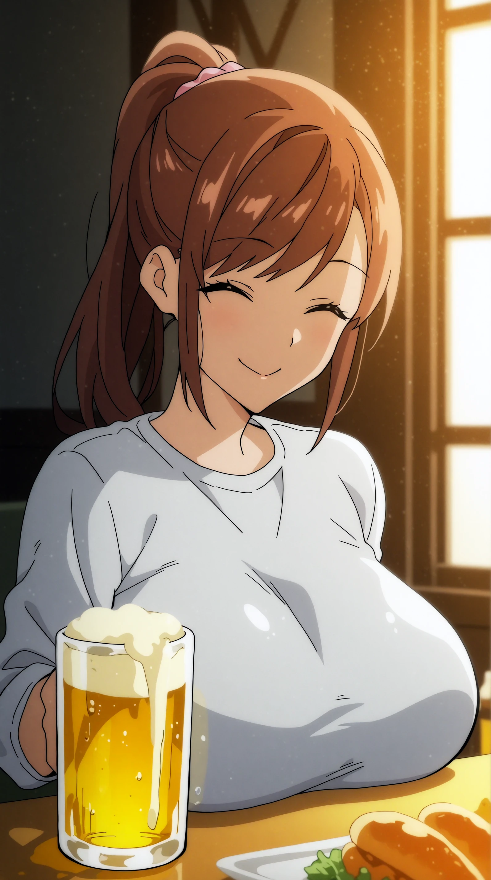 masterpiece, best quality, indoors, cinematic lighting, amazing quality, very aesthetic, absurdres, best quality, newest, year 2023,   Hisato Azuma, solo, smile, holding, closed eyes, food, cup, ^ ^, alcohol, mug, breast rest, beer, beer mug  <lora:JN_Hisato_Azuma_Illus:0.8>