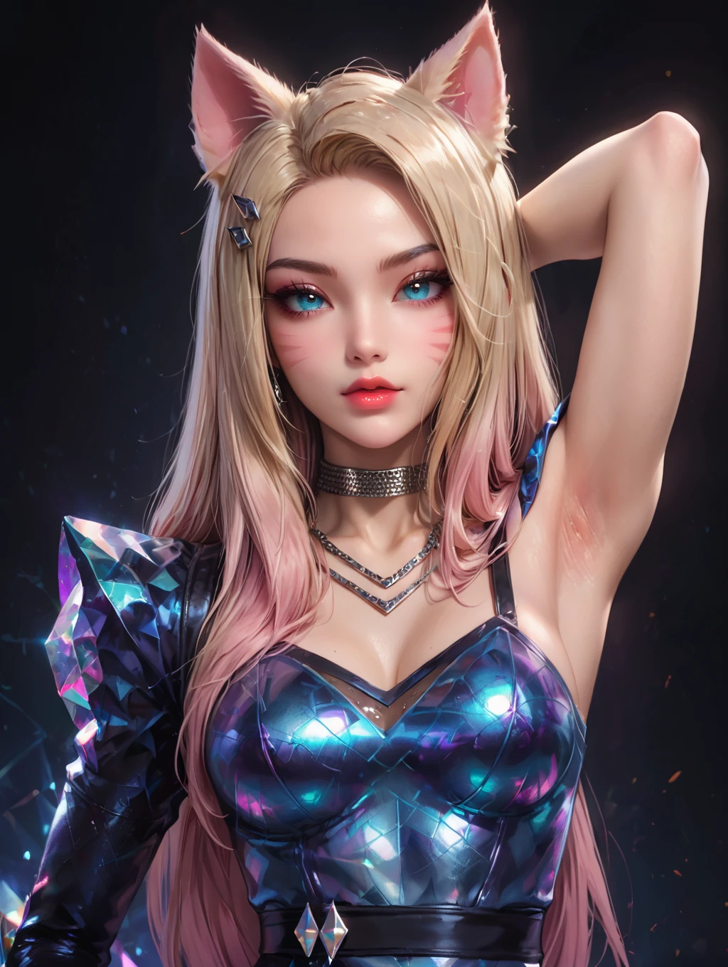 1girl, k/Da (league of legends), ahri, (official k/da), (league of legends), blonde pink hair, fox ears, k/da two-tone outfit, single shoulder armor, <lora:AhriPonyV1:0.6>
looking at viewer, arm behind head, arm up,