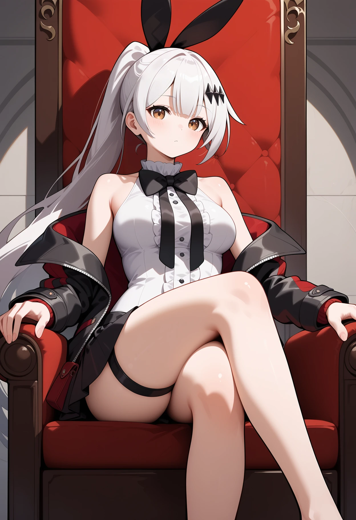 prison, concrete wall, concrete floor, femdom, dominatrix, ((bare shoulders)), ((black bustier)), ((black stockings)), ((black g-string)), ((black high heels)), ((Black garter belt)), ((black elbow gloves)), ((chair)), ((female sitting in a chair)), ((evil grin)), (((((from below))))), looking at viewer, throw, ((((looking down)))), ((stare at viewer with stern eyes)), ((((holding riding crop)))),
 1 girl,  Long Hair,  purple eyes,  chest, Ahoge,  large breasts, ribbon,  hair ribbon, ponytail,  bangs,
