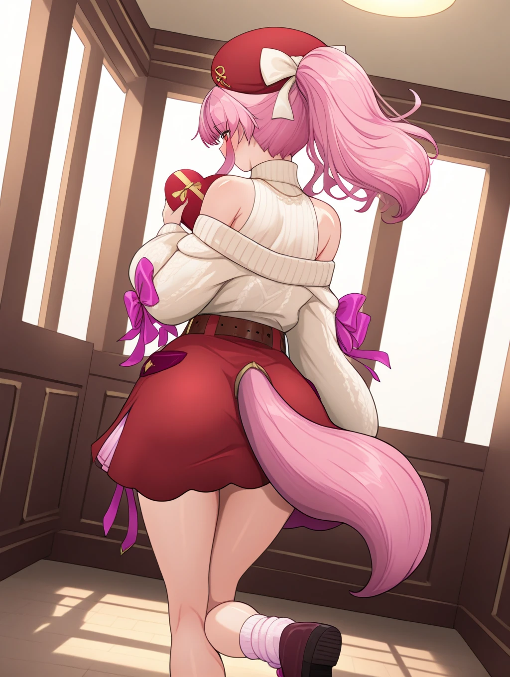 perfect quality,best quality,absolutely eye-catching,ambient occlusion,raytracing,
1girl,<lora:miriy barenntainn IL v1:1>,barenntainn,cowboy_shot,pink hair,ponytail,beret,sweater,bare shoulders,ribbon,skirt,belt,tail,socks,shoes,valentine,indoors,from behind,