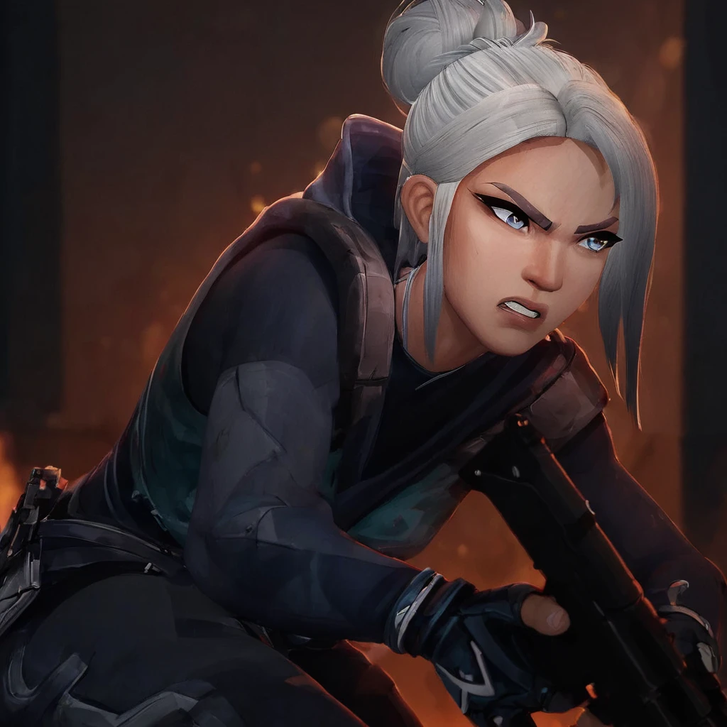 score_9, score_8_up, score_7_up, score_6_up, score_5_up, score_4_up, jettval, 1girl, single hair bun, hair bun, blue eyes, grey hair, on all fours, angry, weapon, gun, holding gun, holding, holding weapon, gloves, fingerless gloves, hood, jacket, black gloves,
 <lora:Jett_Valorant_Cinematic:1>