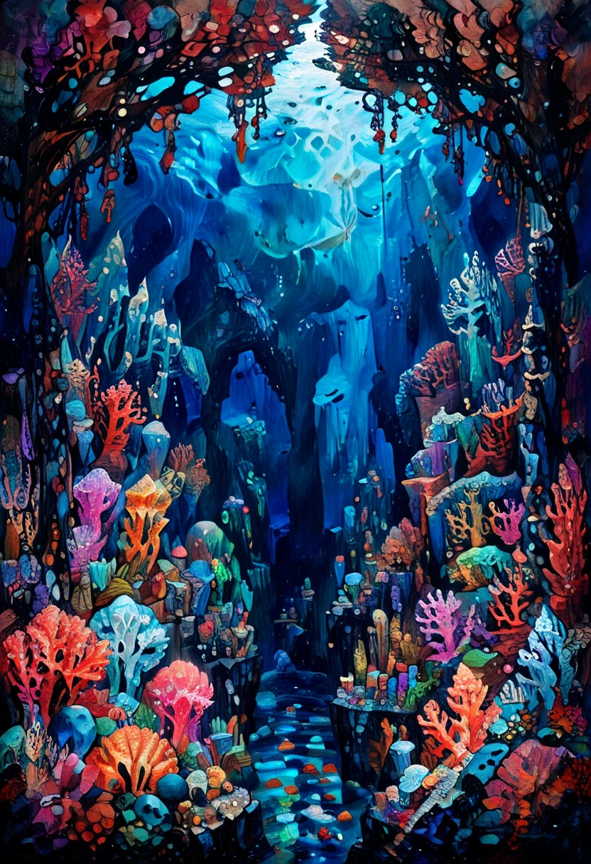 An underwater kingdom made entirely of coral and glowing gemstones, Mythical Realms and Worlds,in memadukan_painter art style, <lora:Memadukan_Brush_Strokes_of_Fineart_SDXL:1.0>, memadukan_painter, Brush Strokes, Impasto