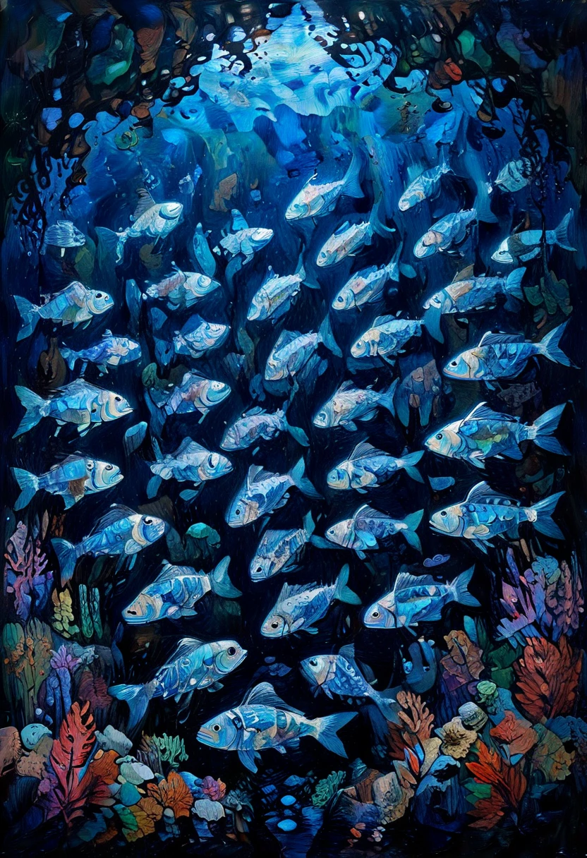 A school of fish forming intricate patterns in a bioluminescent sea, Animals and Creatures,in memadukan_painter art style, <lora:Memadukan_Brush_Strokes_of_Fineart_SDXL:1.0>, memadukan_painter, Brush Strokes, Impasto