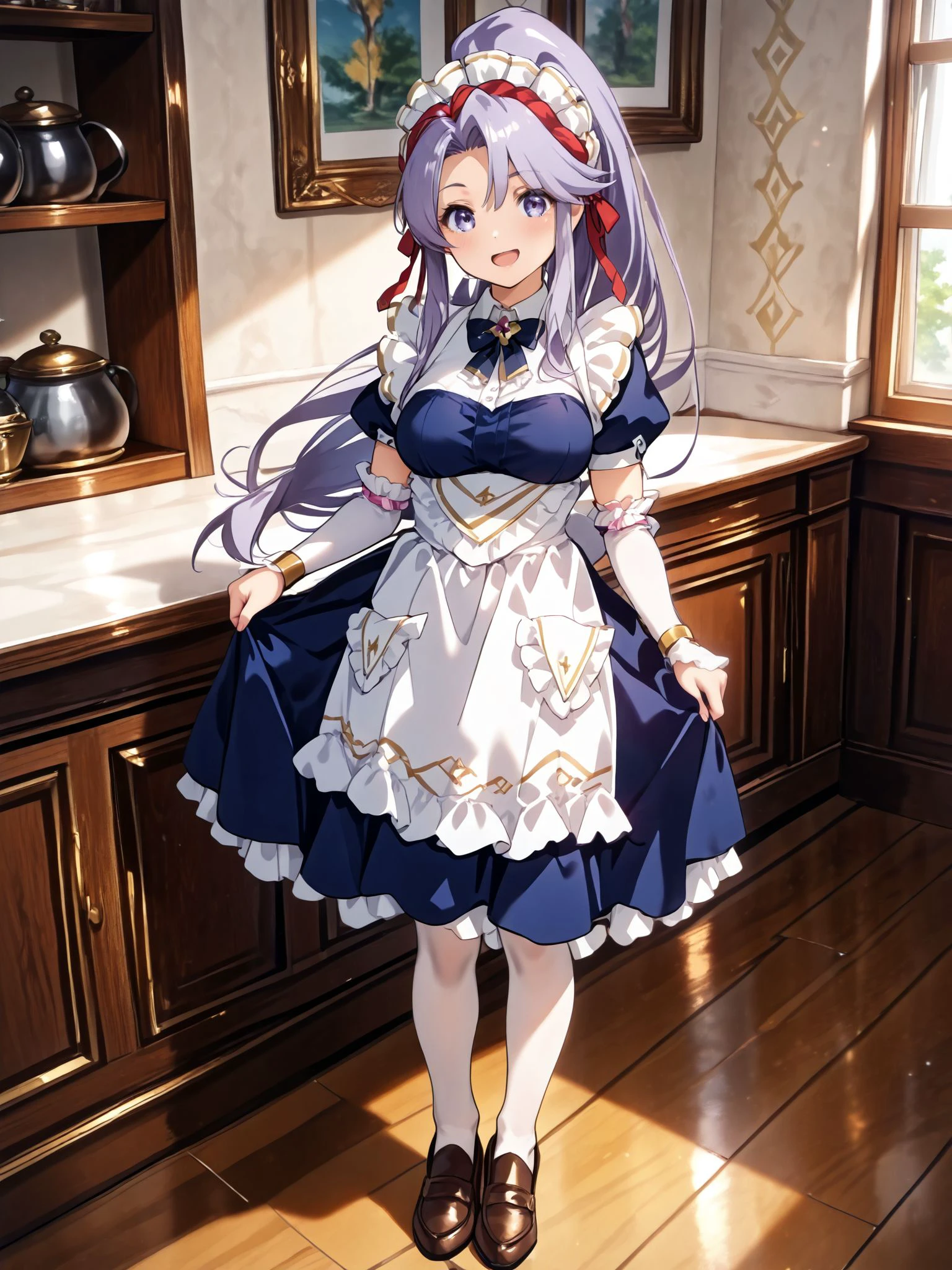 masterpiece,best_quality,1girl,solo,<lora:tailtiu feh 3outfits_illustriousXL:0.8>,maid tailtiu,bridal gauntlets,bowtie,dress,apron,thighhighs,loafers,full body,standing,smile,open mouth,looking at viewer