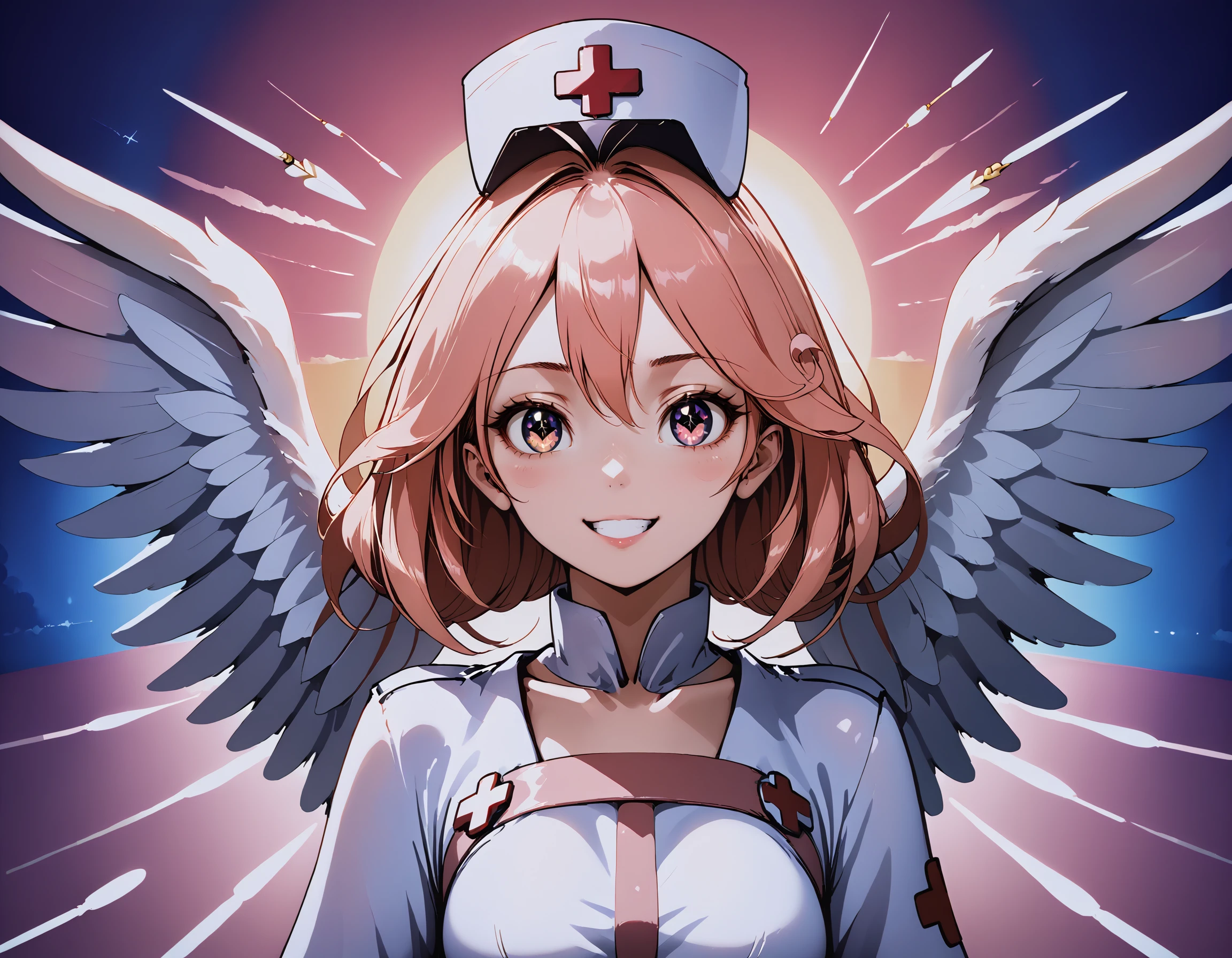 masterpiece, best quality, newest, absurdres, highres, 
shadow, 
injection_fairy_lily, 1girl, 
official alternate costume, belt, angel wings, blush stickers, smile, cross, solo, nurse cap, sun