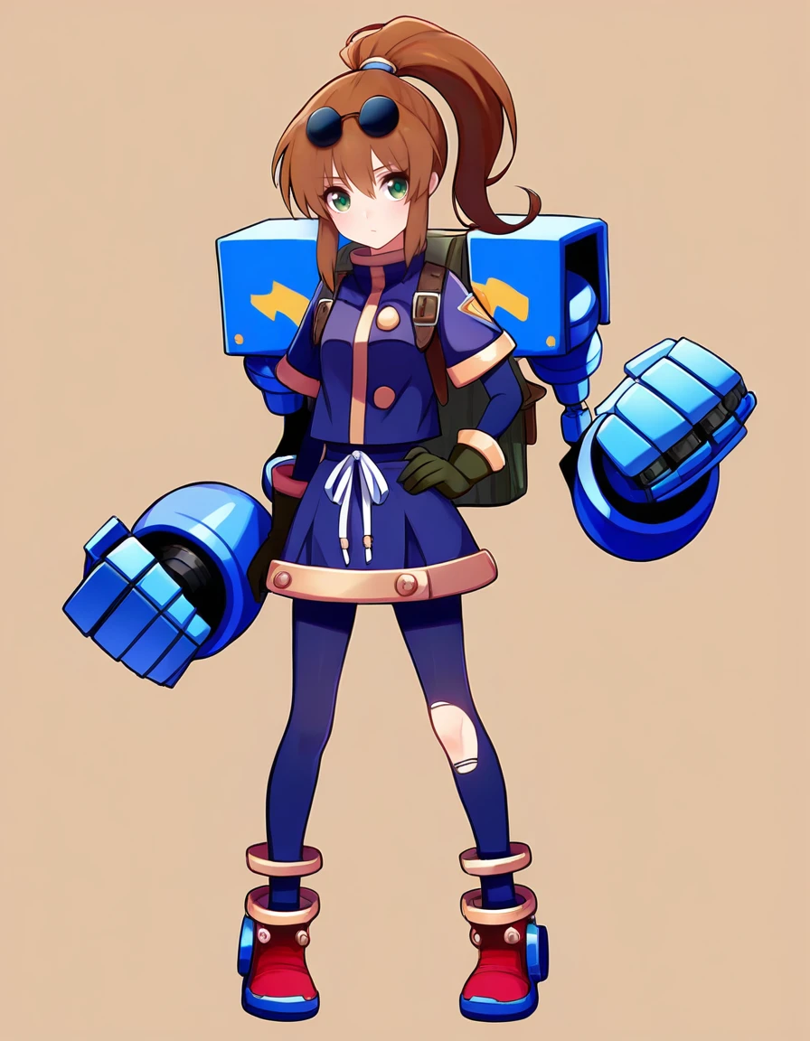 <lora:so2precis_SDXL_Illustrious_fp16_ver01:1>,so2precis,brown hair,  ponytail,blue dress,skirt,pantyhose,green eyes, gloves,eyewear on head,torn pantyhose,footwear, <lora:HairintakesEraser_v01_illustrious_10steps:2>,robot, masterpiece, best quality, very aesthetic, absurdres,<lora:detailed_hands:1>,hand