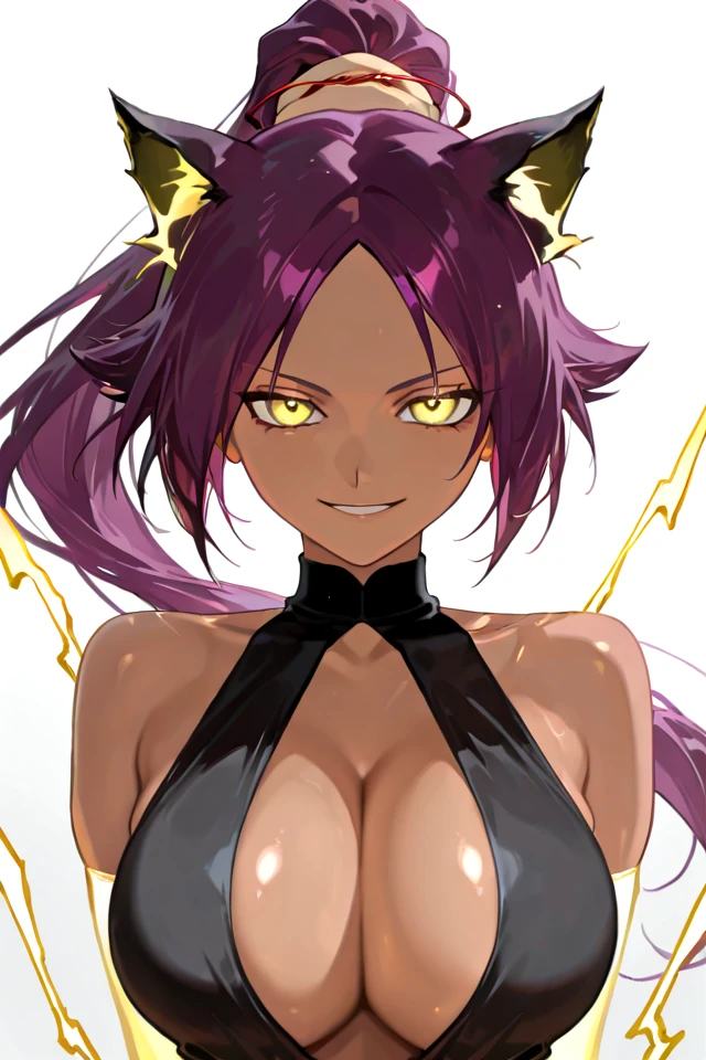 PonyScores, score_9_up, score_8_up, score_7_up, source_anime, 1girl, solo, (shihouin yoruichi), (purple hair), (yellow eyes), dark-skinned female, (big breasts), long hair, high ponytail, hair tie, animal ears, tail, (electrokinesis), (electricity), (convenient censoring), standing, looking at you, seductive smile, outdoors, sexy, parted lips, full lips, (golden electricity), (glowing electricity), backlighting, blue sky, day, sun, wind, trees, clouds, moon, night, fog, (detailed eyes), (detailed face), (detailed background), (portrait), detailed landscape, (perfect lighting), (best quality), horizon, (light particles), glowing eyes, anime, (perfect female body), (beautiful eyes and face), (upper body), alternate form, toned female, tanned, slender, black bodysuit, bare shoulders, thigh highs, ponytail, dynamic character design, detailed lips, <lora:ShihouinYoruichiApexAiIllustrious:1>