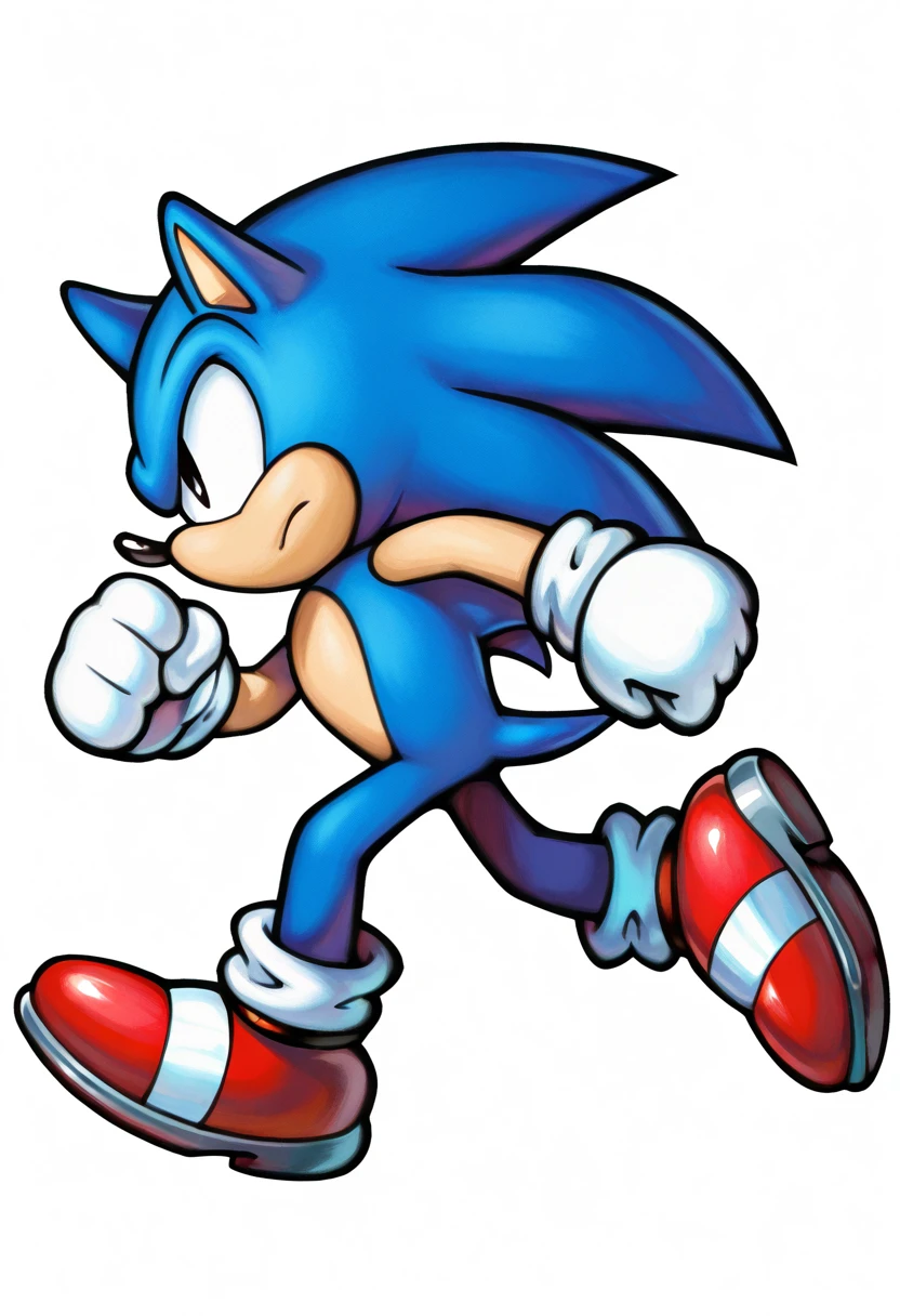<lora:MarioLuigiStyle-IllusXL:1.1> masterpiece, absurdres, highres, 4k, watercolor, official art, 1boy, sonic the hedgehog, sonic \(series\), furry, furry male, blue fur, hedgehog, black eyes, white gloves, red footwear, solo, running, side view, from side, profile, full body, white background, transparent background