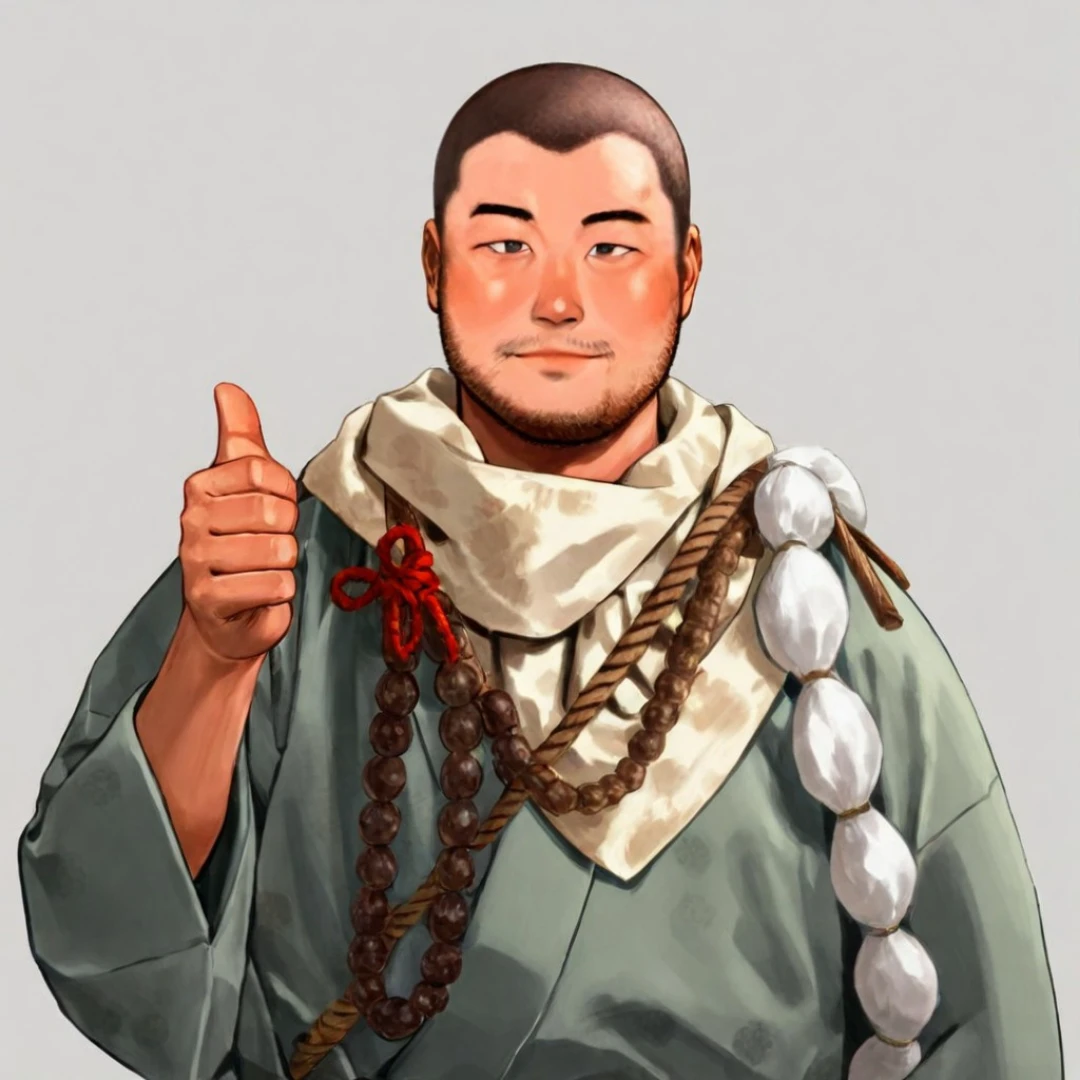 High quality, 4k, (masterpiece:1.3), best quality, (detailed:1.2), upper body, solo male, Norio, shaved head, stubble, Japanese clothing, (thumbs up), simple background, looking at viewer, smile, closed mouth,